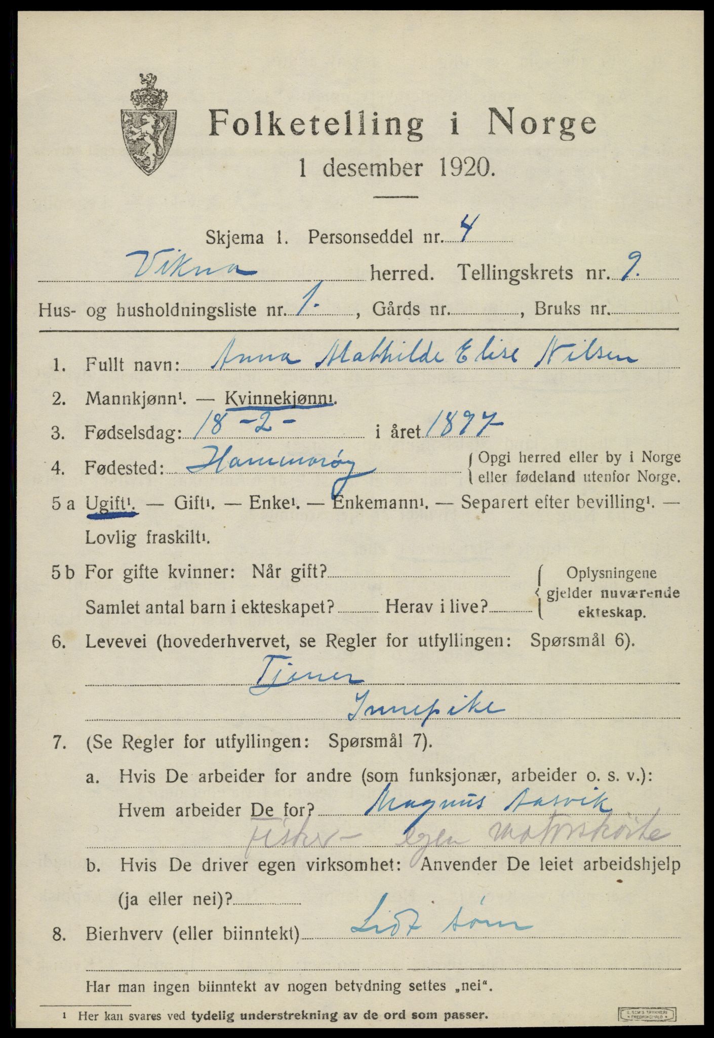 SAT, 1920 census for Vikna, 1920, p. 6447