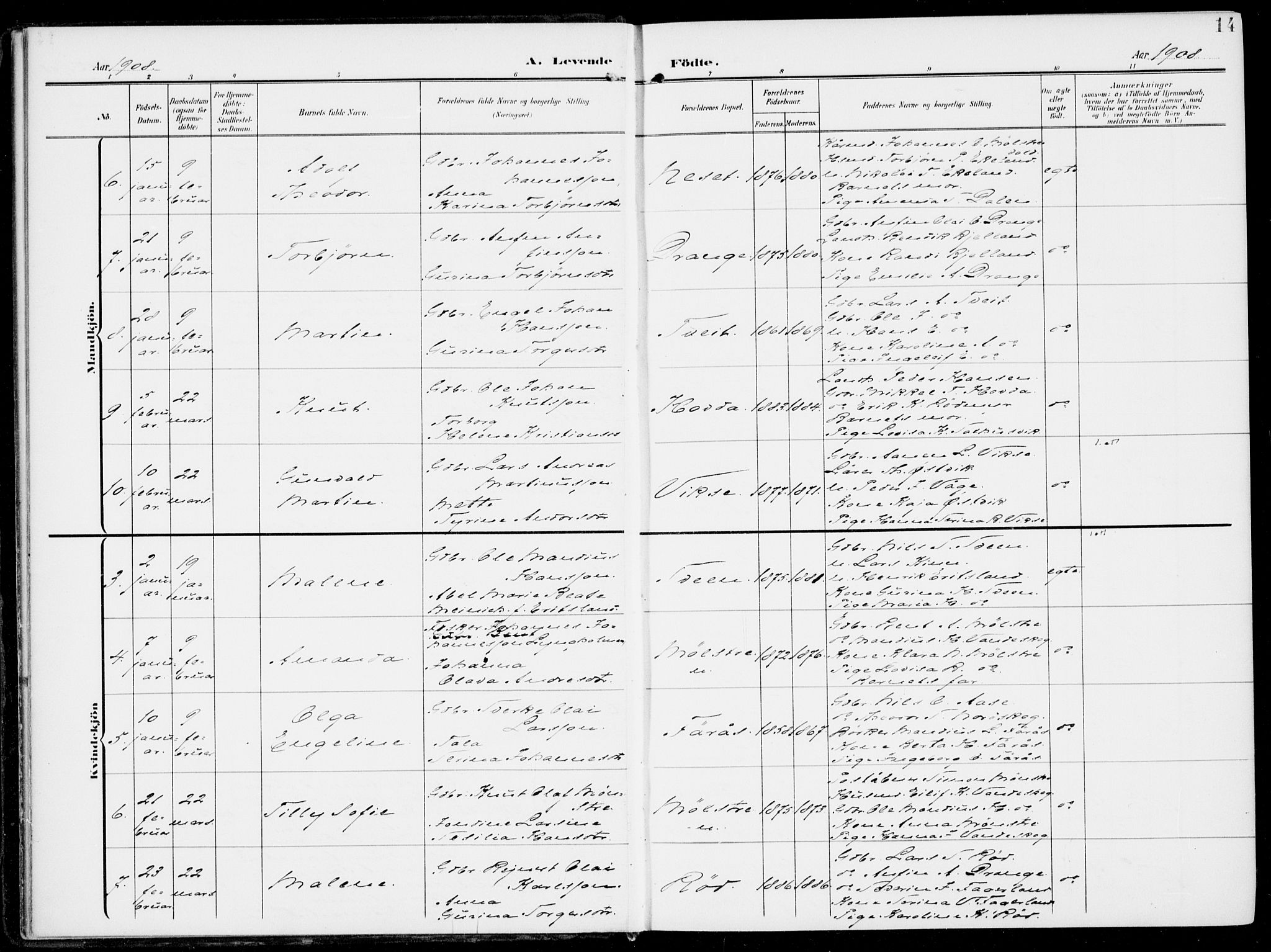 Sveio Sokneprestembete, SAB/A-78501/H/Haa: Parish register (official) no. B  4, 1906-1919, p. 14