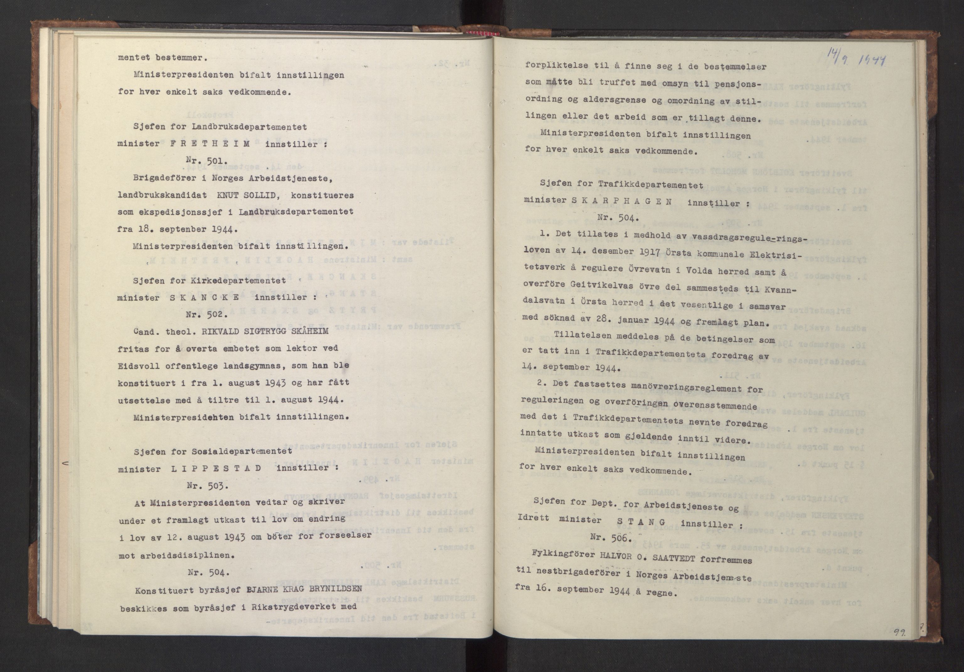 NS-administrasjonen 1940-1945 (Statsrådsekretariatet, de kommisariske statsråder mm), RA/S-4279/D/Da/L0005: Protokoll fra ministermøter, 1944, p. 101