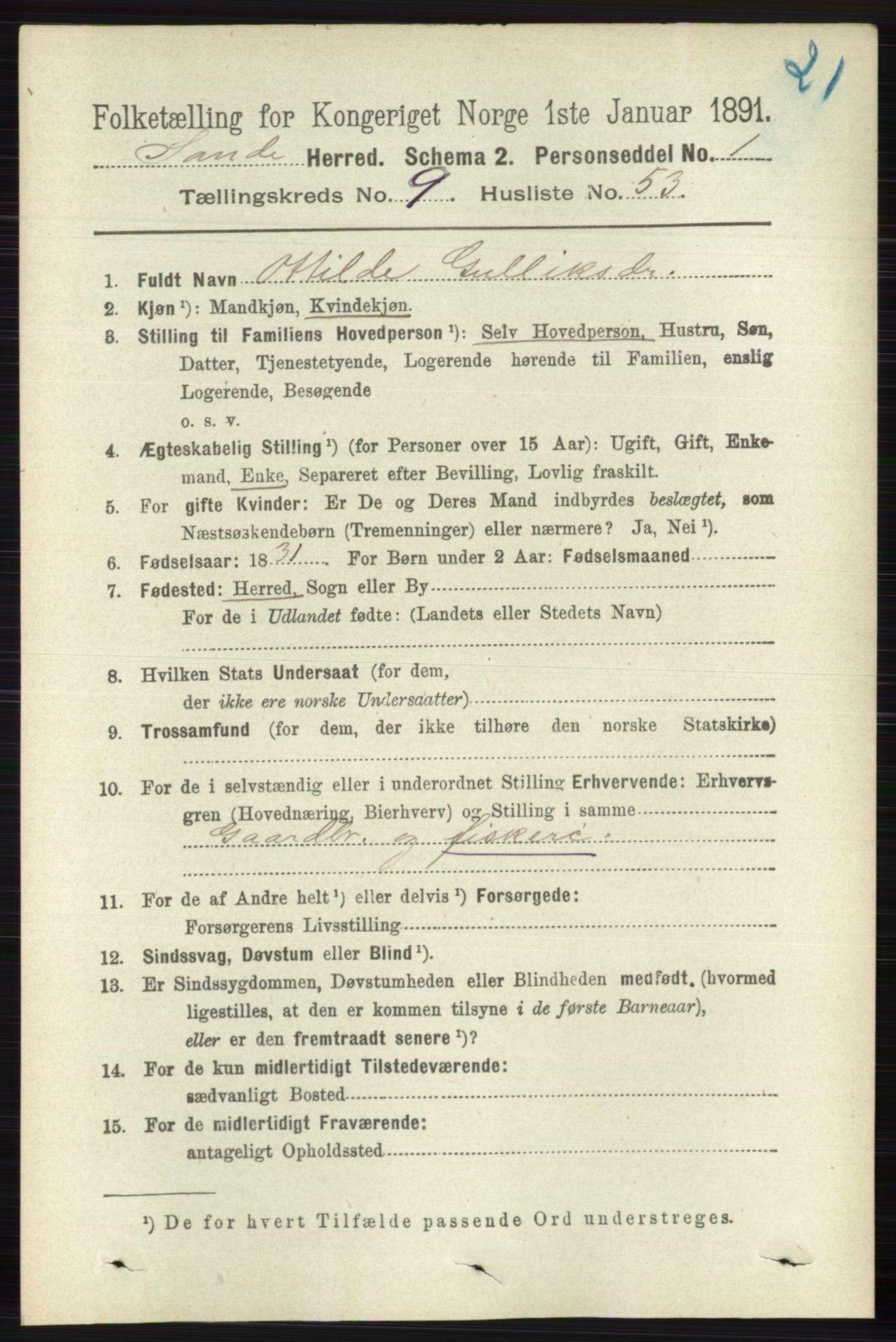 RA, 1891 census for 0713 Sande, 1891, p. 4231