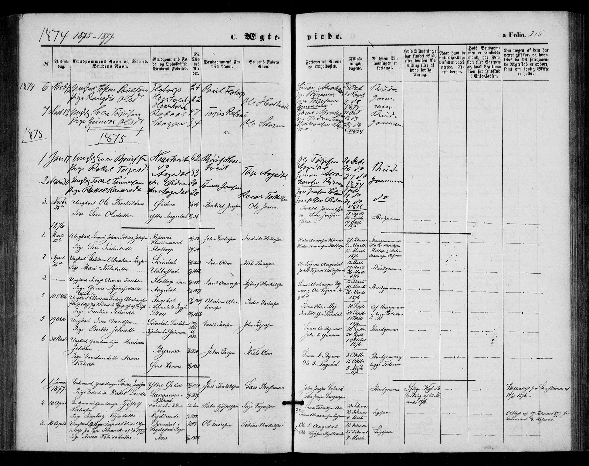 Bjelland sokneprestkontor, AV/SAK-1111-0005/F/Fa/Fac/L0002: Parish register (official) no. A 2, 1866-1887, p. 215