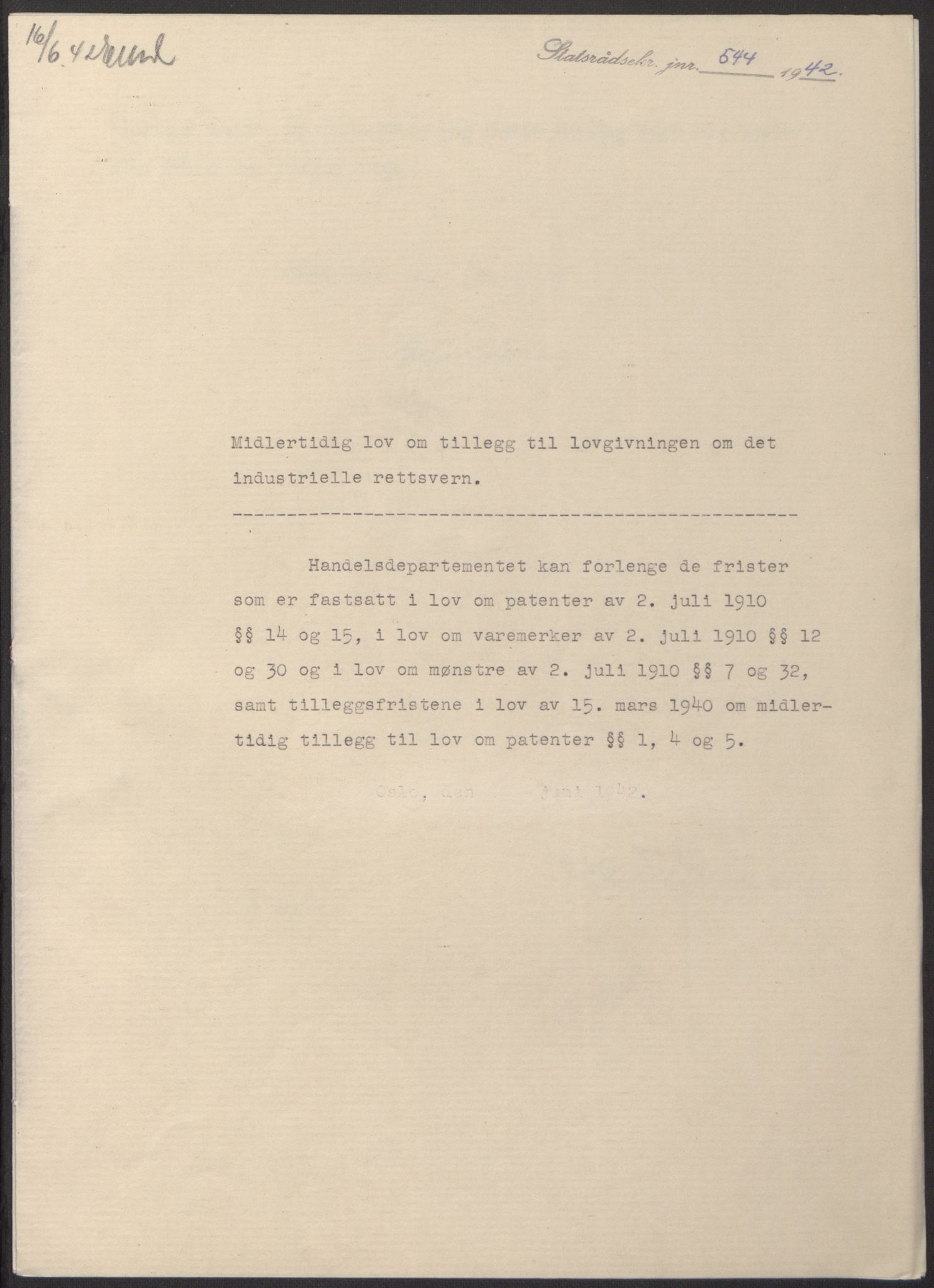 NS-administrasjonen 1940-1945 (Statsrådsekretariatet, de kommisariske statsråder mm), AV/RA-S-4279/D/Db/L0098: Lover II, 1942, p. 78