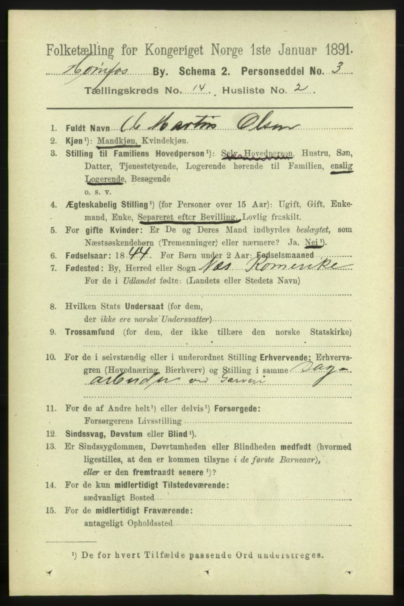 RA, 1891 census for 0601 Hønefoss, 1891, p. 1657