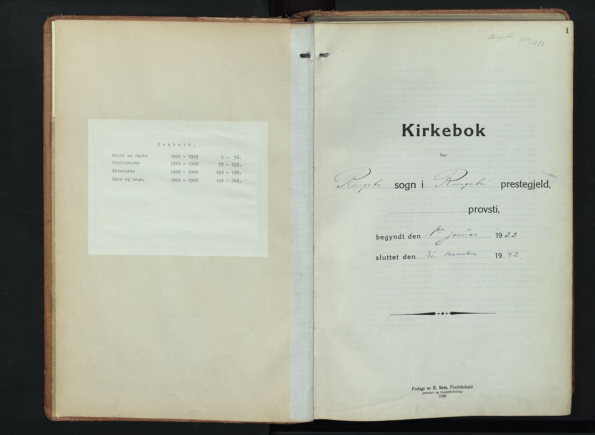 Ringebu prestekontor, SAH/PREST-082/H/Ha/Hab/L0011: Parish register (copy) no. 11, 1921-1943, p. 1