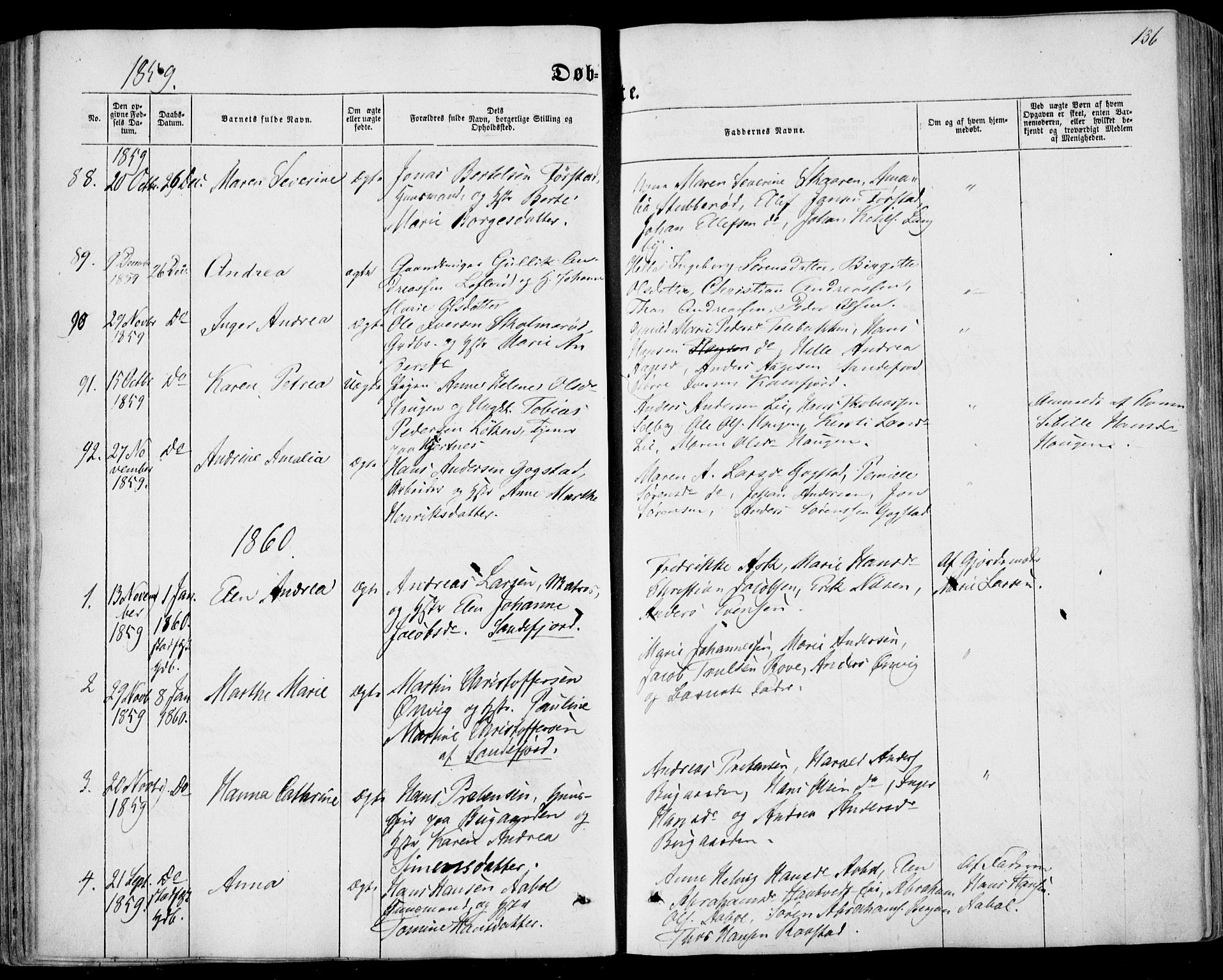 Sandar kirkebøker, SAKO/A-243/F/Fa/L0007: Parish register (official) no. 7, 1855-1861, p. 136