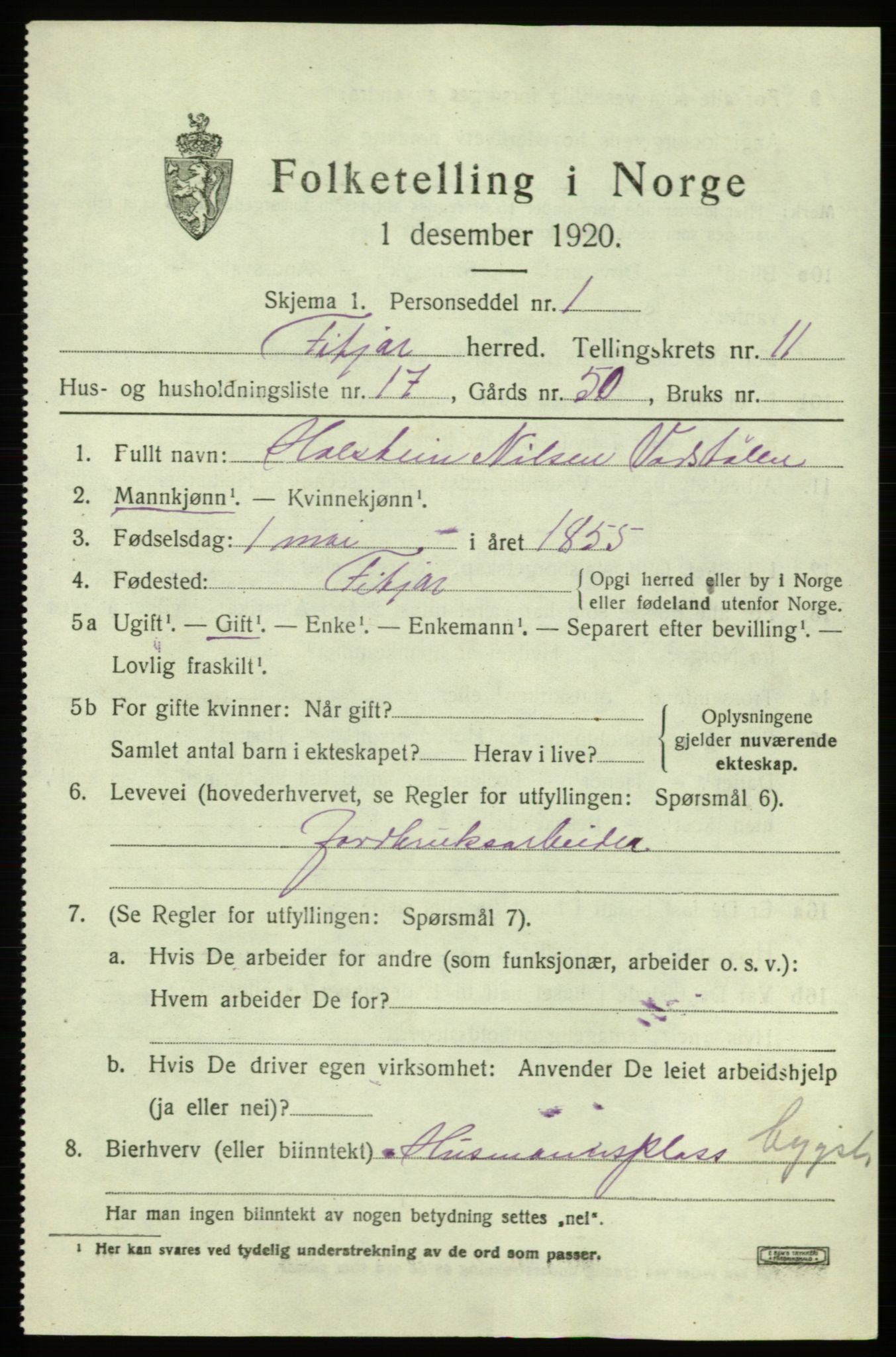 SAB, 1920 census for Fitjar, 1920, p. 4496