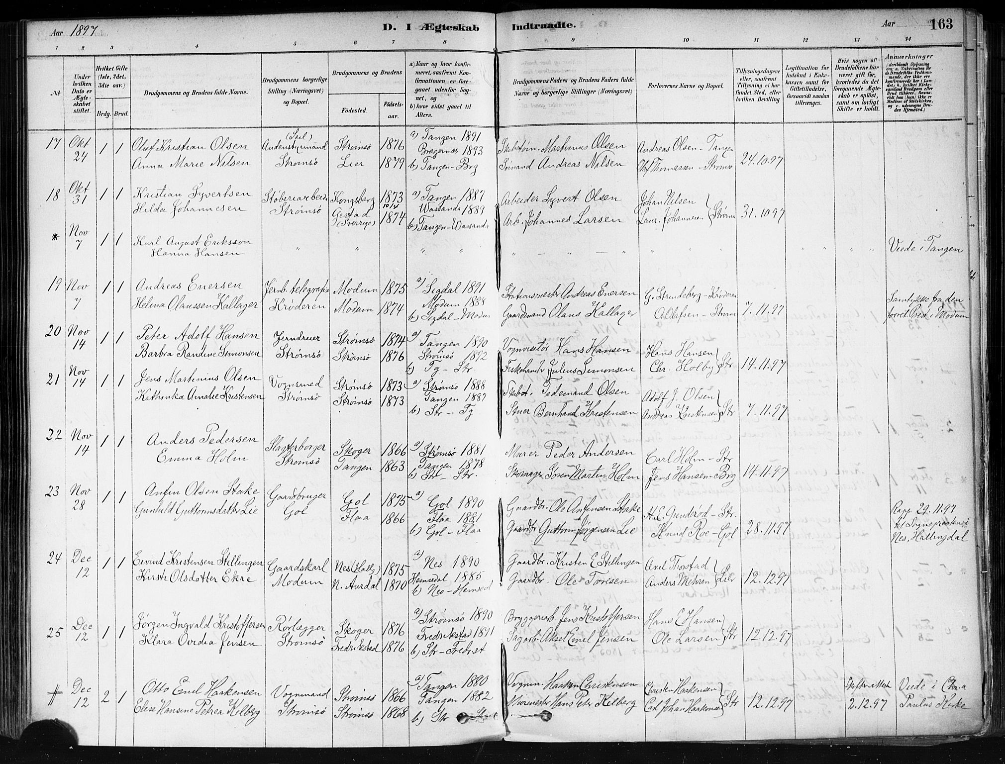 Strømsø kirkebøker, SAKO/A-246/F/Fa/L0022: Parish register (official) no. I 22, 1879-1899, p. 163