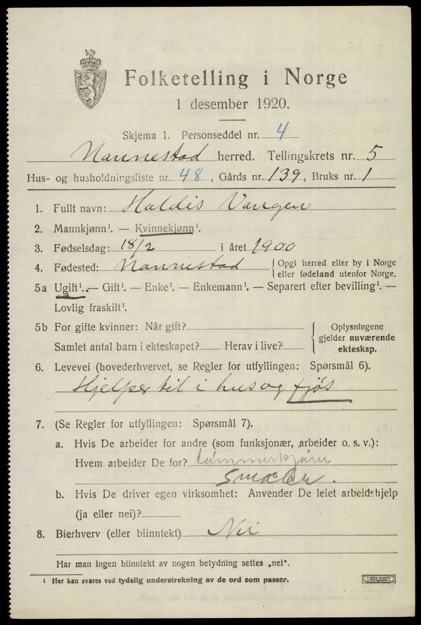 SAO, 1920 census for Nannestad, 1920, p. 7189