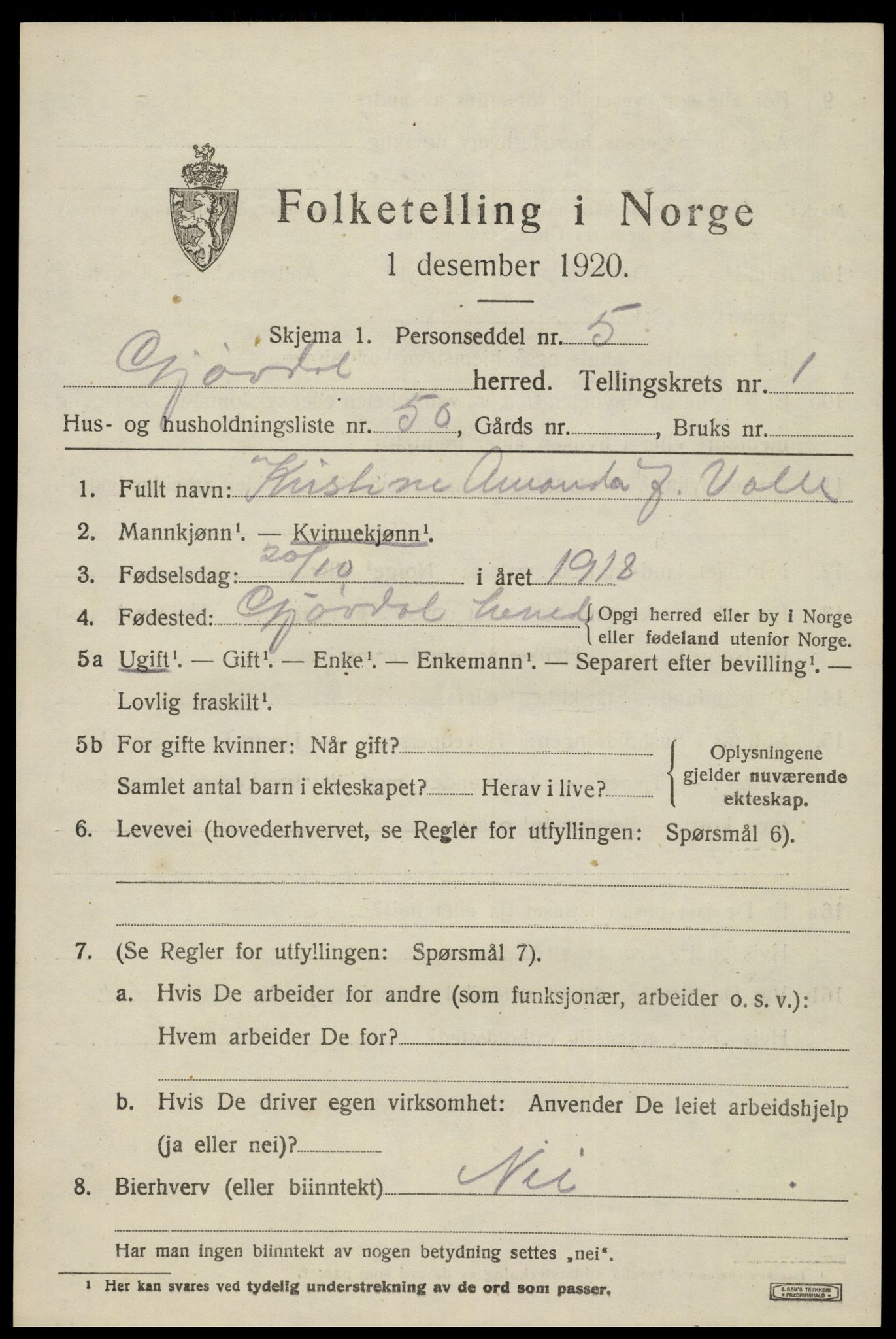 SAK, 1920 census for Gjøvdal, 1920, p. 818