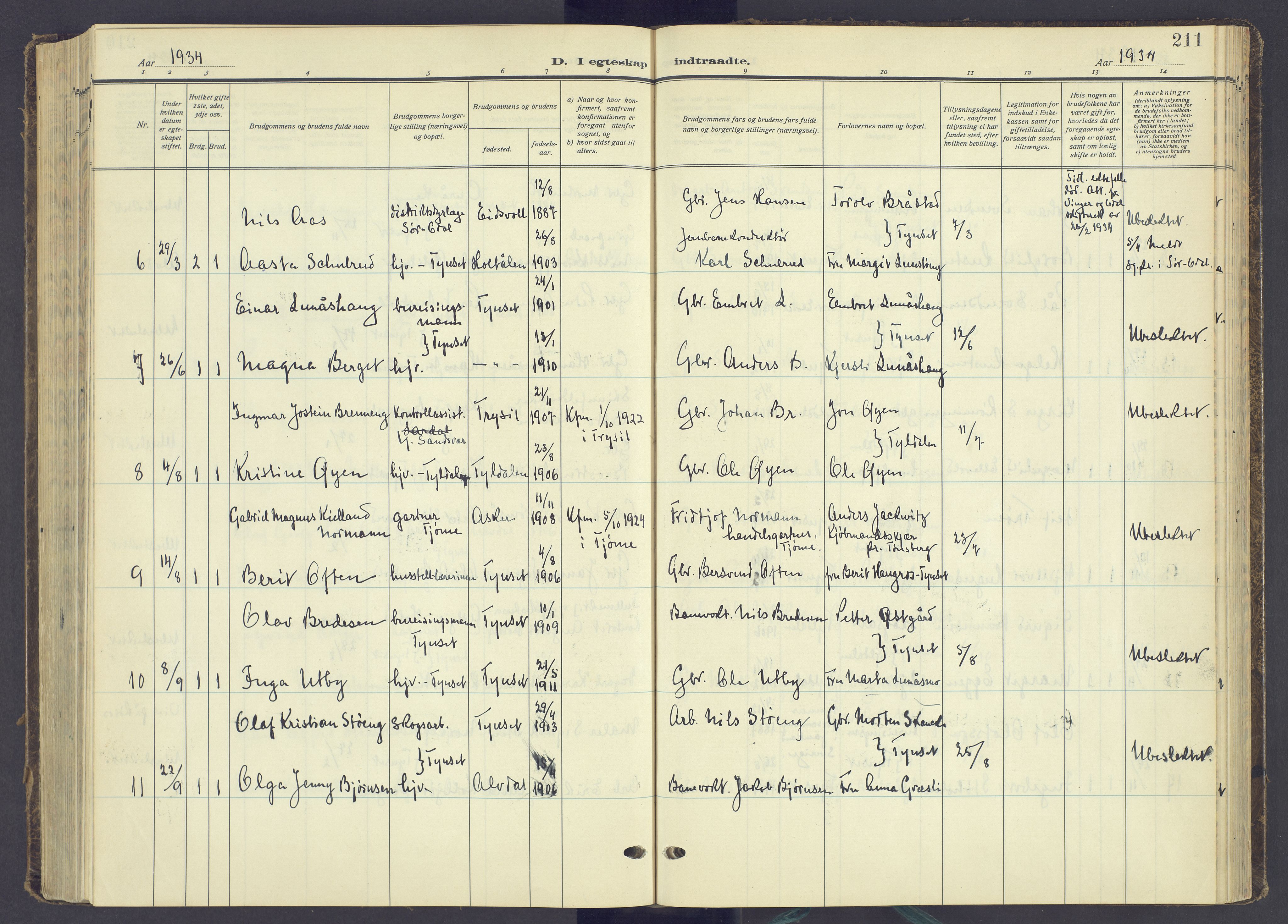 Tynset prestekontor, AV/SAH-PREST-058/H/Ha/Haa/L0027: Parish register (official) no. 27, 1930-1944, p. 211