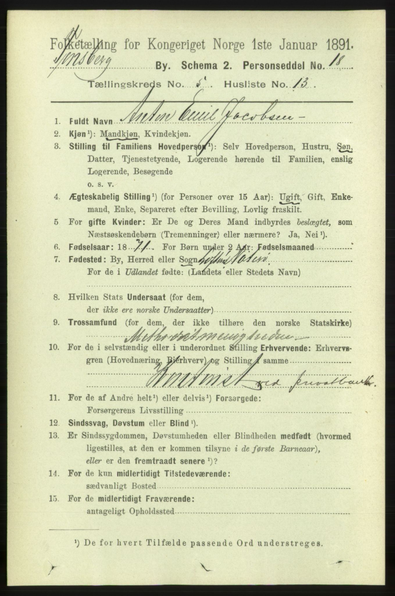 RA, 1891 census for 0705 Tønsberg, 1891, p. 2435