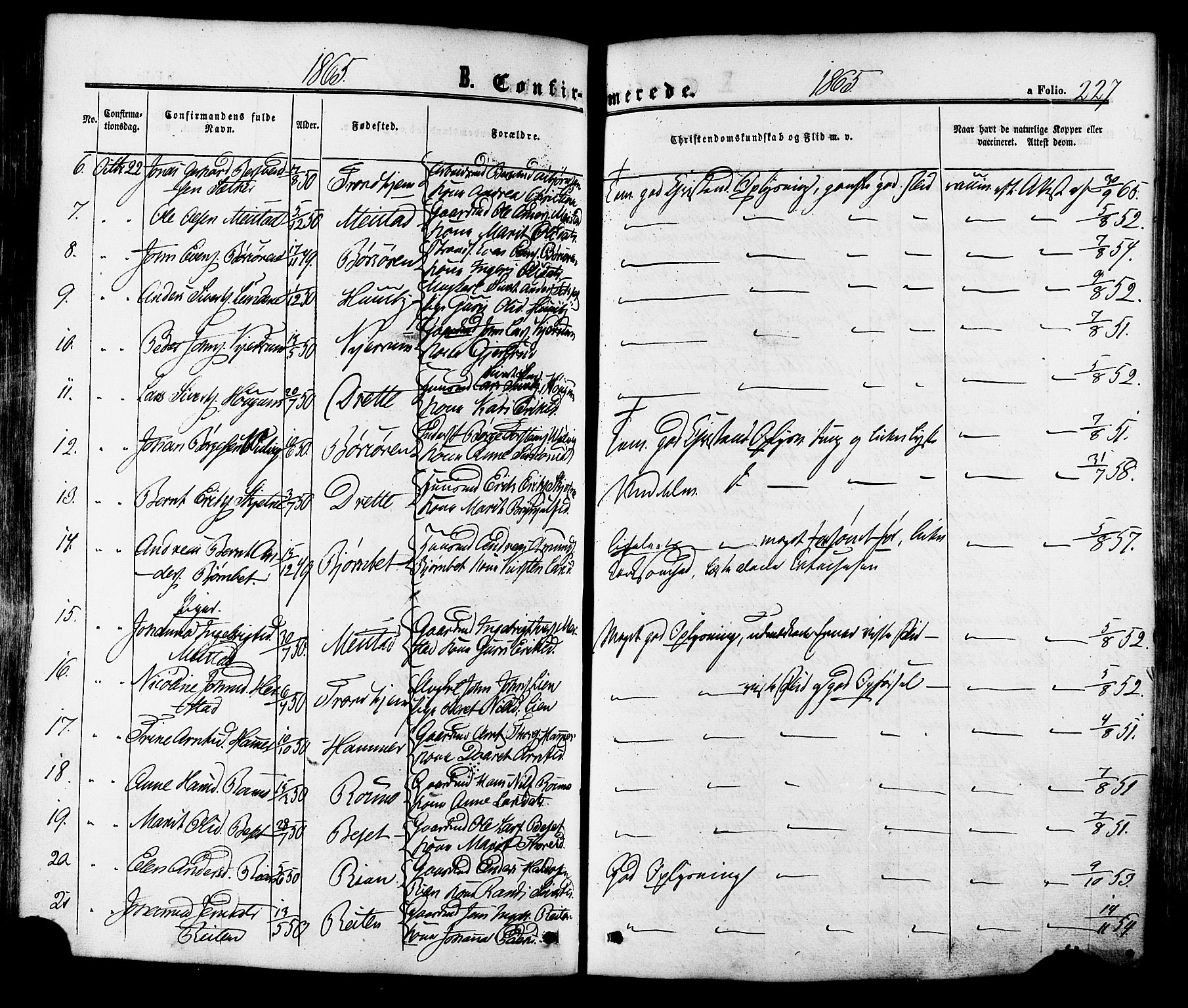 Ministerialprotokoller, klokkerbøker og fødselsregistre - Sør-Trøndelag, AV/SAT-A-1456/665/L0772: Parish register (official) no. 665A07, 1856-1878, p. 227