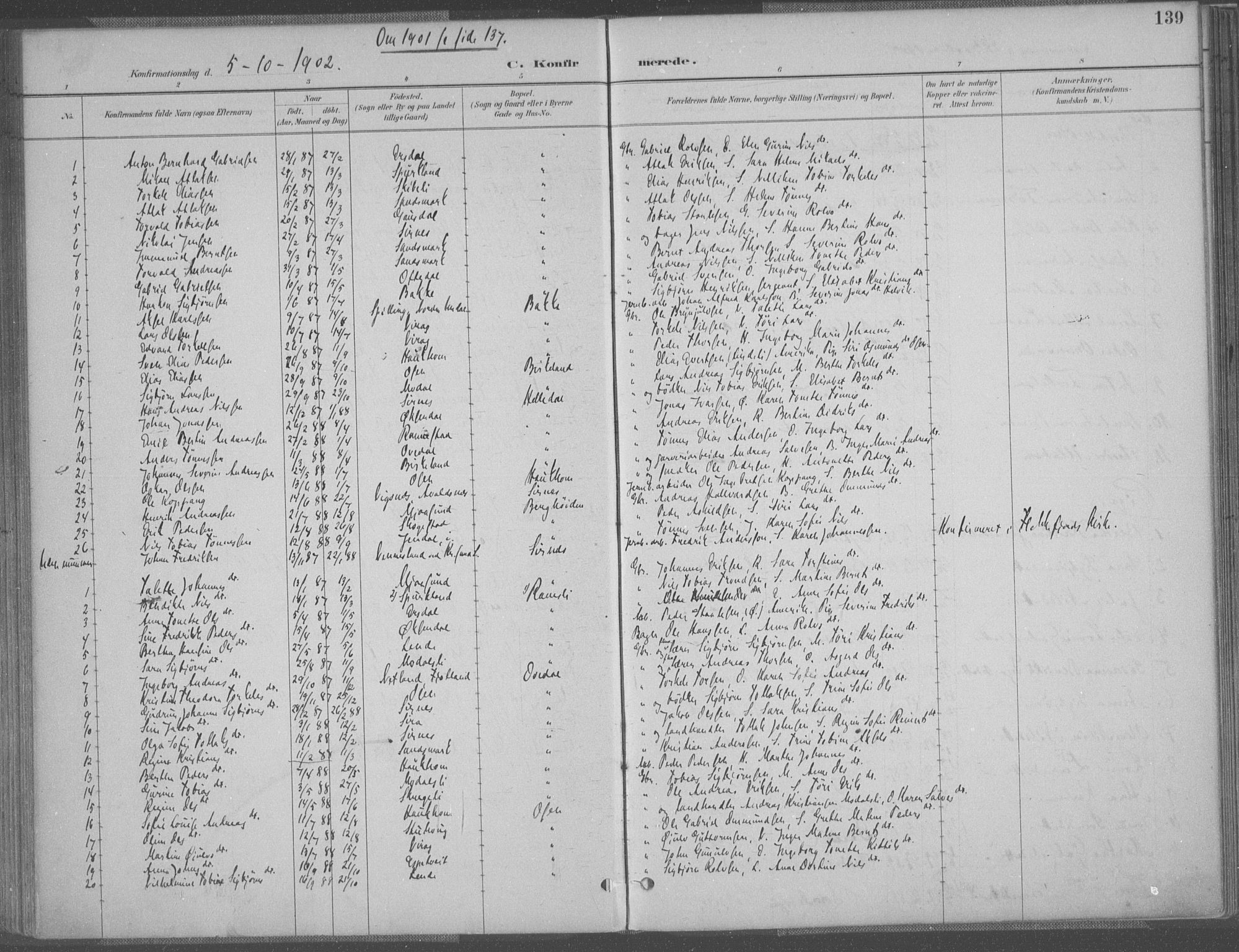Bakke sokneprestkontor, SAK/1111-0002/F/Fa/Faa/L0008: Parish register (official) no. A 8, 1887-1911, p. 139