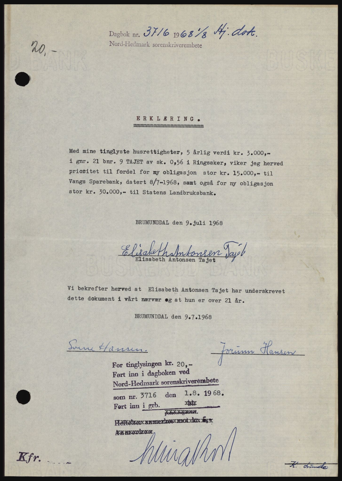 Nord-Hedmark sorenskriveri, SAH/TING-012/H/Hc/L0028: Mortgage book no. 28, 1968-1968, Diary no: : 3716/1968