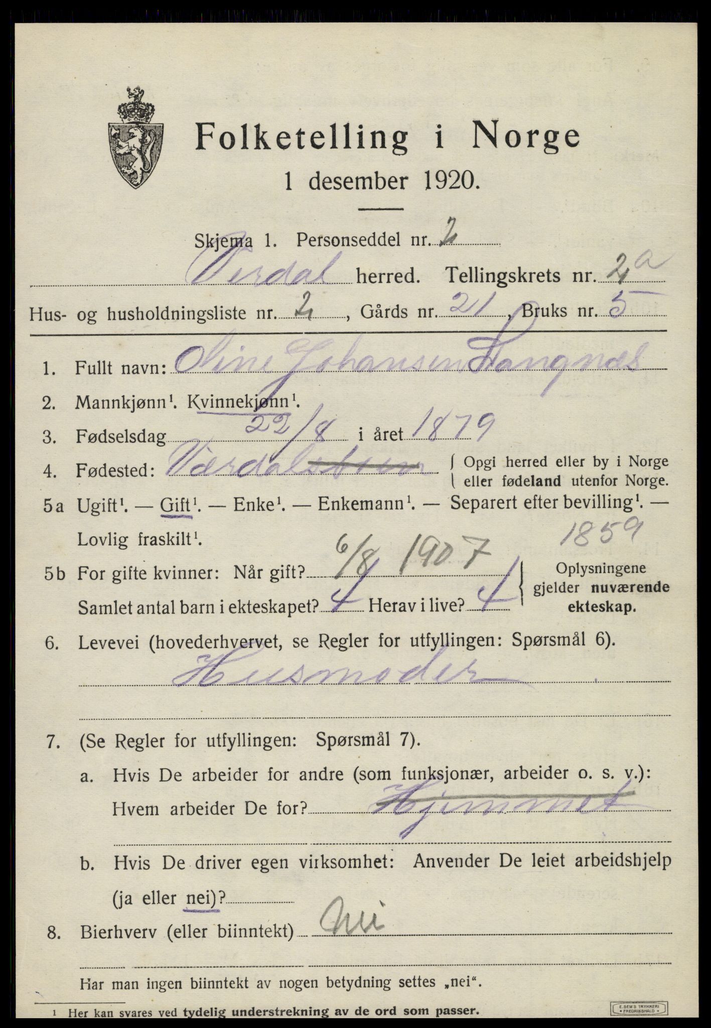 SAT, 1920 census for Verdal, 1920, p. 3733