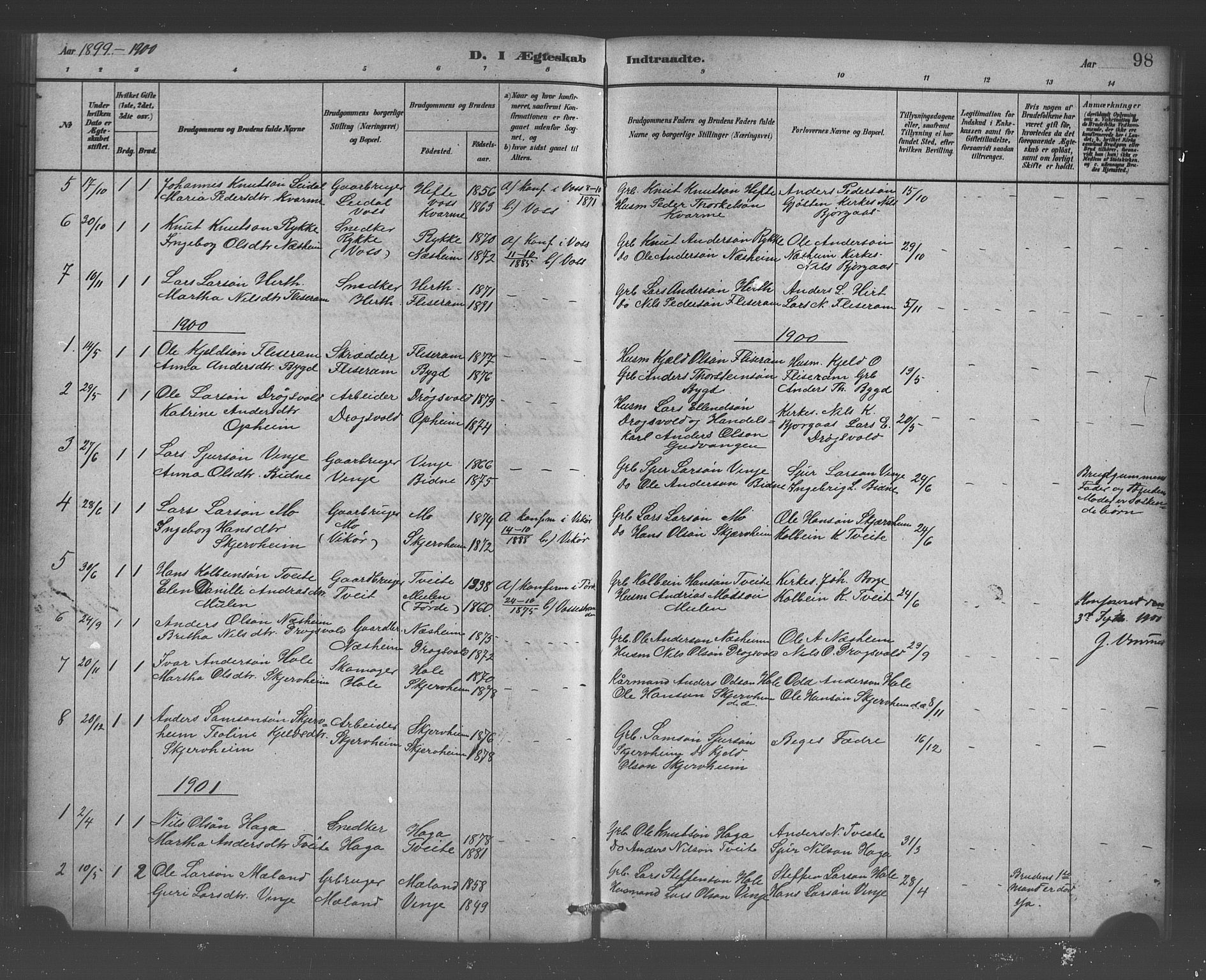Vossestrand Sokneprestembete, SAB/A-79101/H/Hab: Parish register (copy) no. B 3, 1880-1907, p. 98