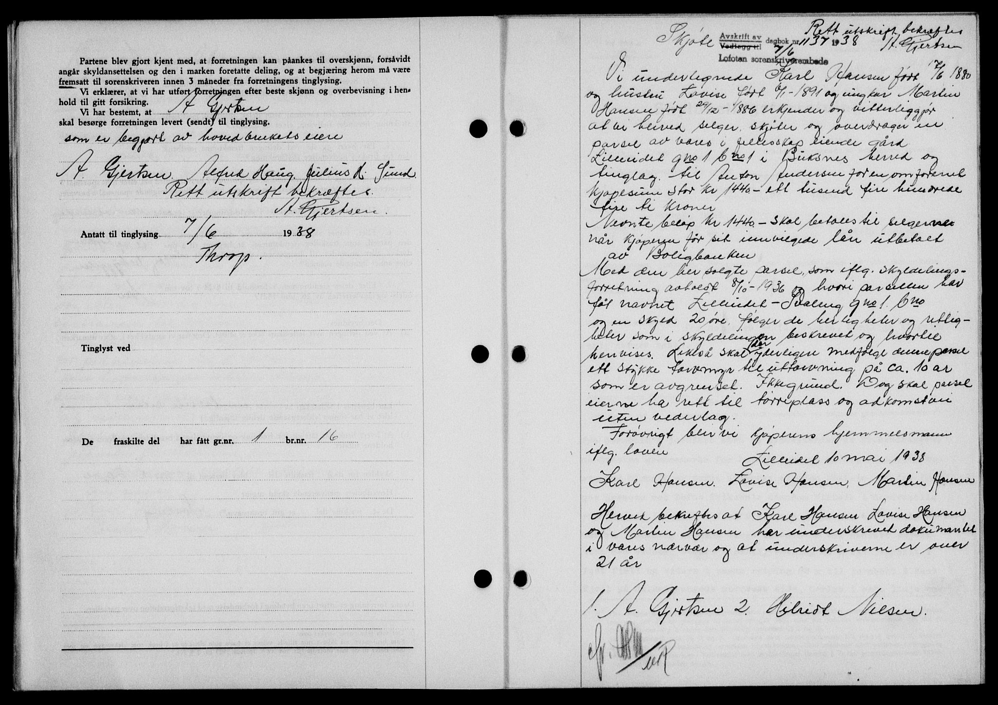 Lofoten sorenskriveri, SAT/A-0017/1/2/2C/L0004a: Mortgage book no. 4a, 1938-1938, Diary no: : 1137/1938