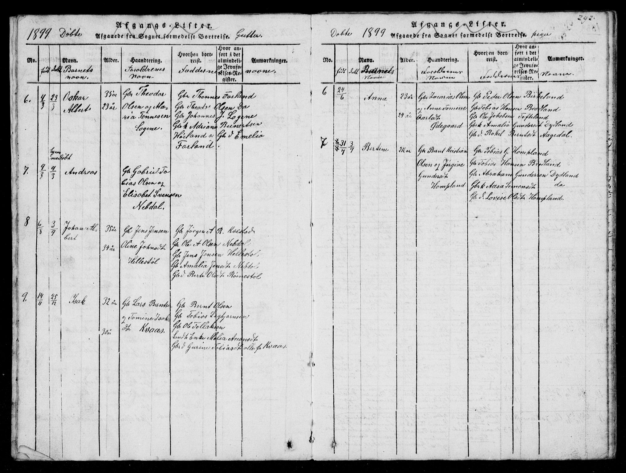 Lyngdal sokneprestkontor, AV/SAK-1111-0029/F/Fb/Fbb/L0001: Parish register (copy) no. B 1, 1816-1900, p. 292