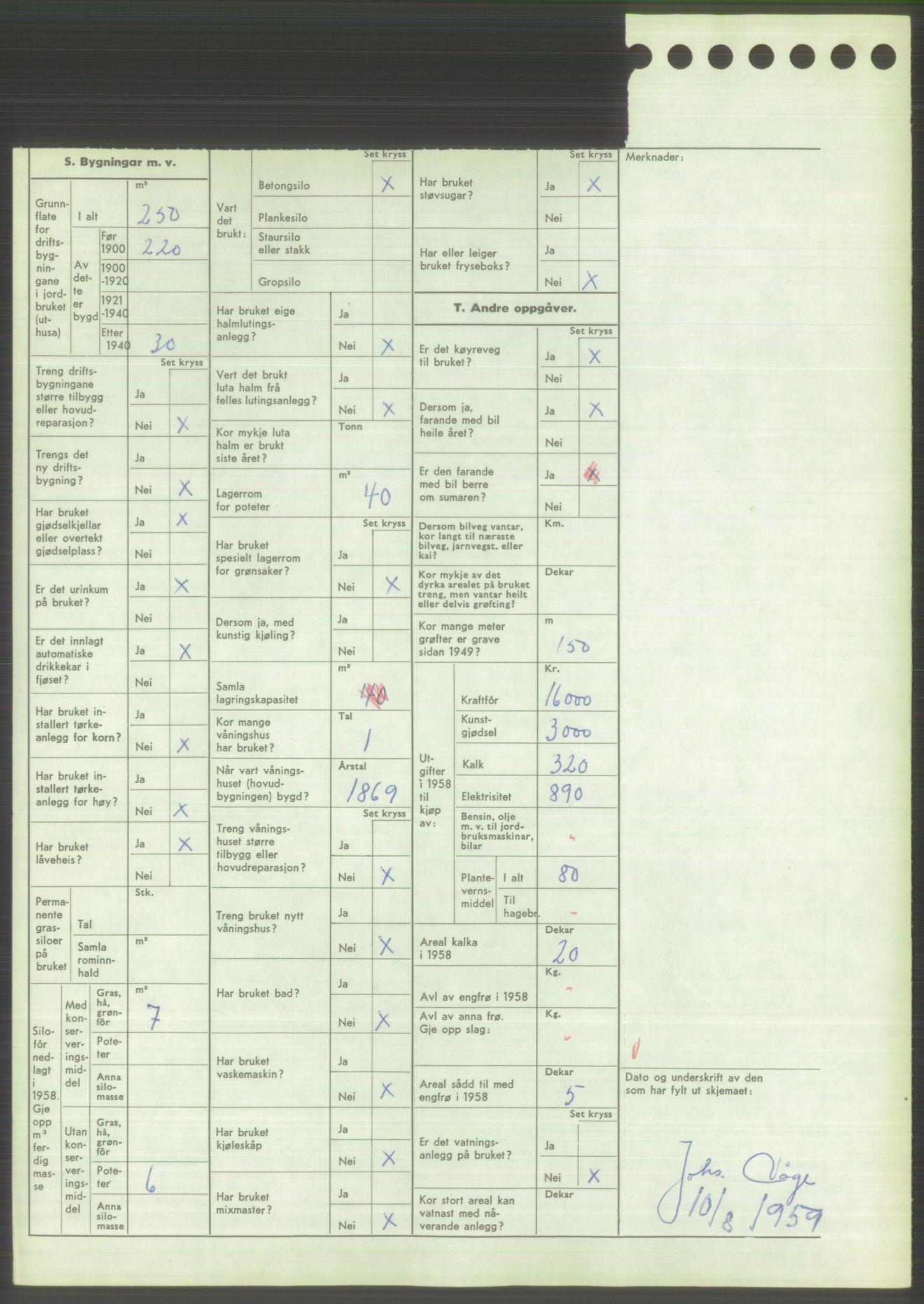 Statistisk sentralbyrå, Næringsøkonomiske emner, Jordbruk, skogbruk, jakt, fiske og fangst, AV/RA-S-2234/G/Gd/L0373: Rogaland: 1130 Strand (kl. 1-2), 1131 Årdal og 1132 Fister, 1959, p. 1406