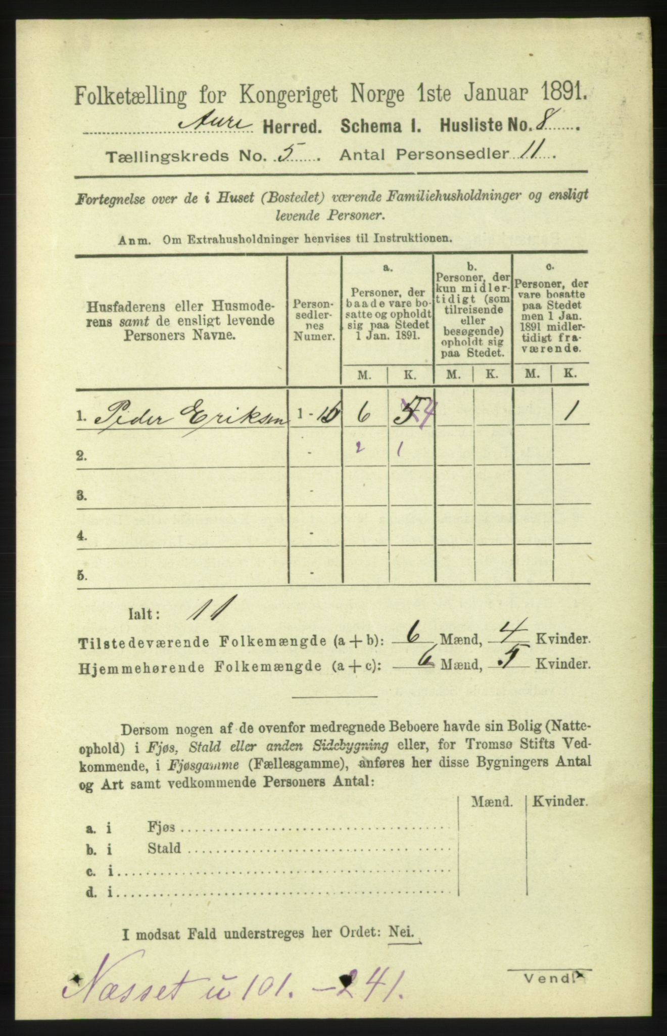 RA, 1891 census for 1569 Aure, 1891, p. 2620