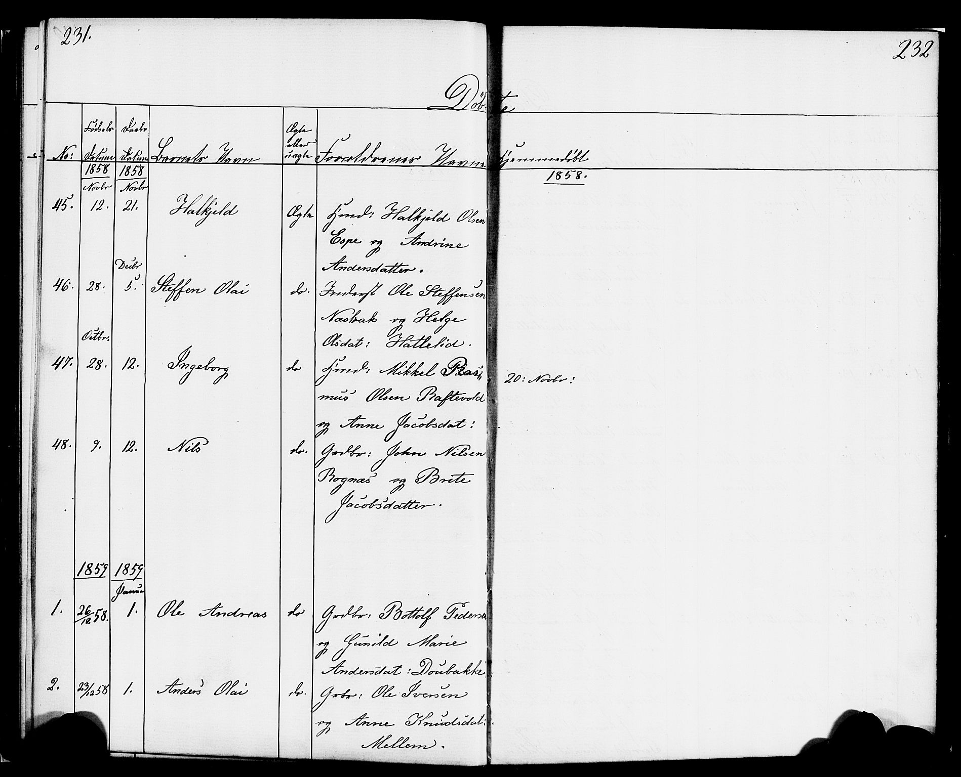 Hornindal sokneprestembete, SAB/A-82401/H/Haa/Haaa/L0001: Parish register (official) no. A 1, 1837-1866, p. 232-233