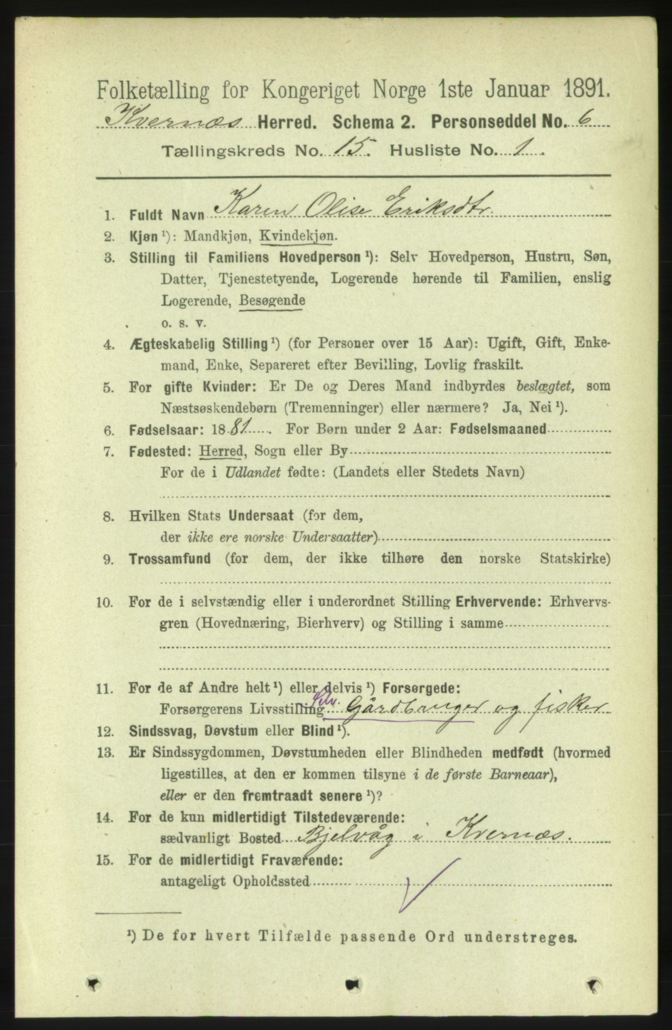 RA, 1891 census for 1553 Kvernes, 1891, p. 5956