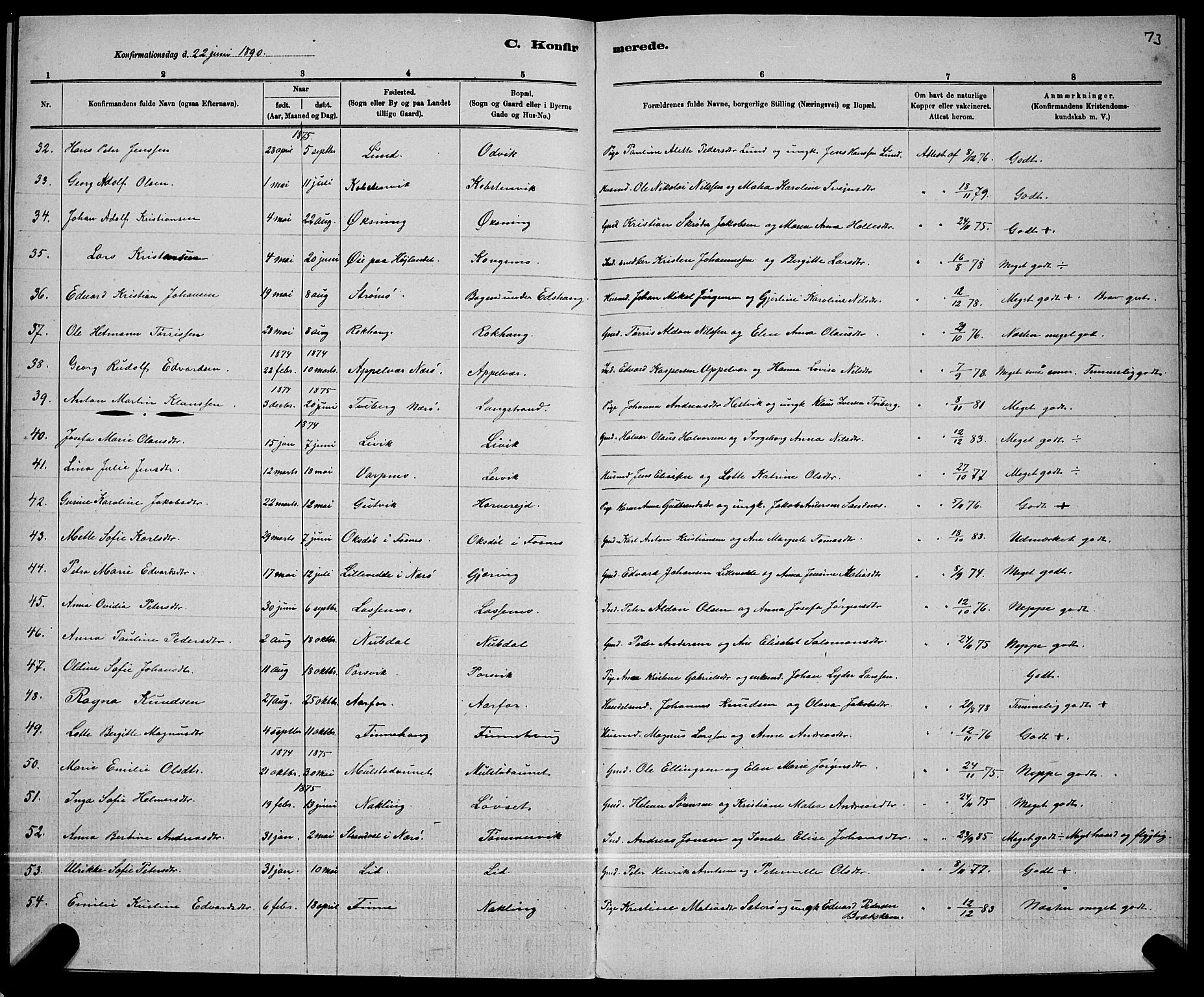 Ministerialprotokoller, klokkerbøker og fødselsregistre - Nord-Trøndelag, AV/SAT-A-1458/780/L0651: Parish register (copy) no. 780C03, 1884-1898, p. 73