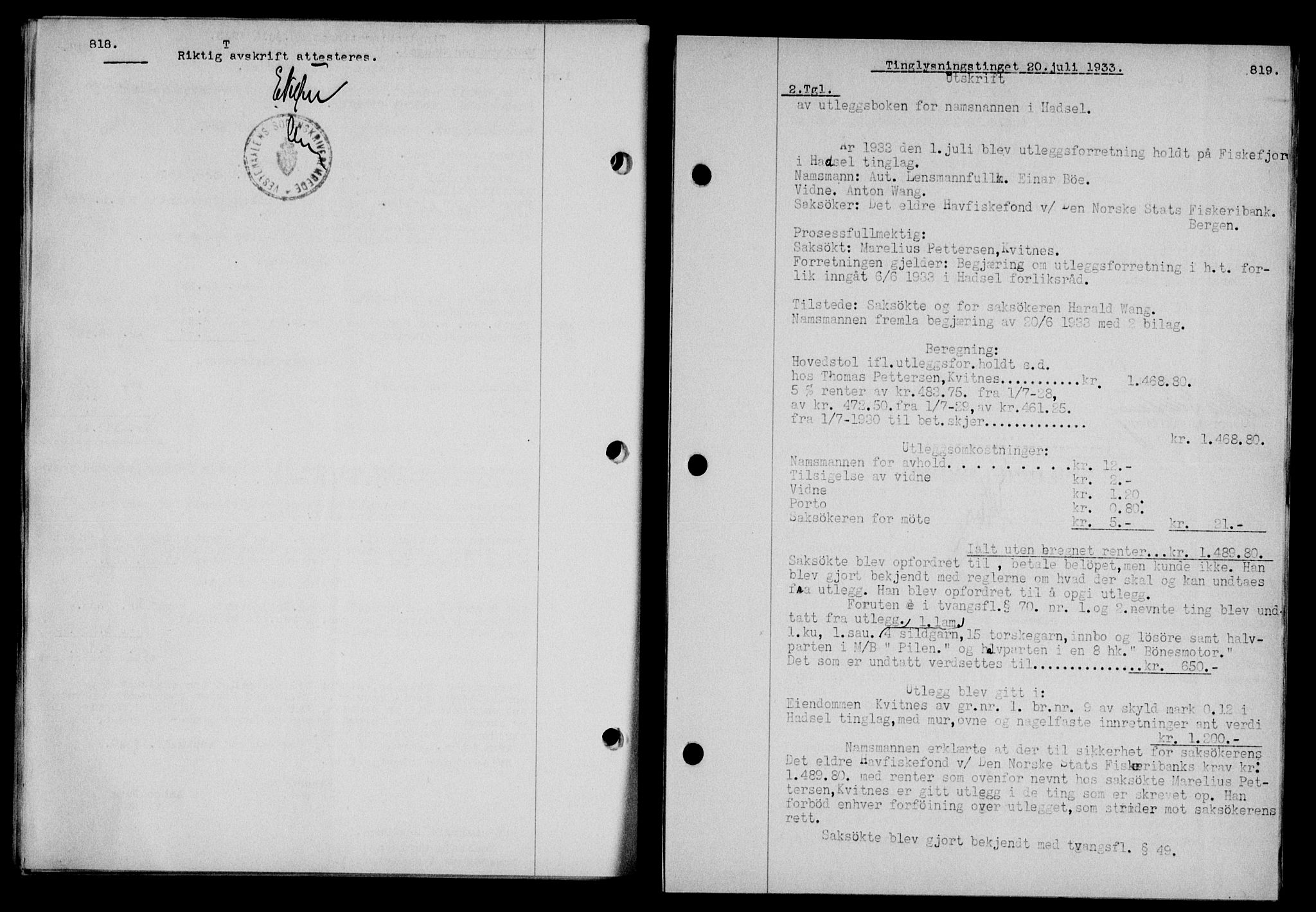 Vesterålen sorenskriveri, SAT/A-4180/1/2/2Ca/L0057: Mortgage book no. 50, 1933-1933, Deed date: 20.07.1933