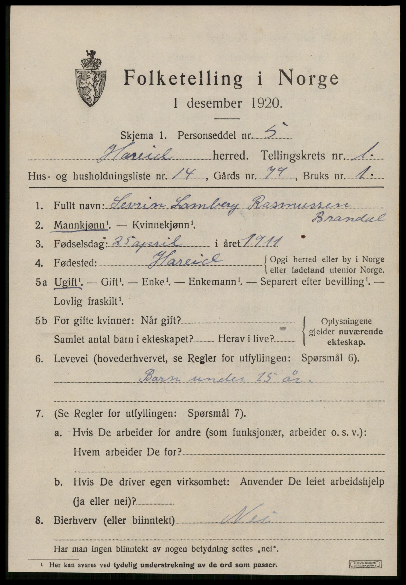 SAT, 1920 census for Hareid, 1920, p. 933