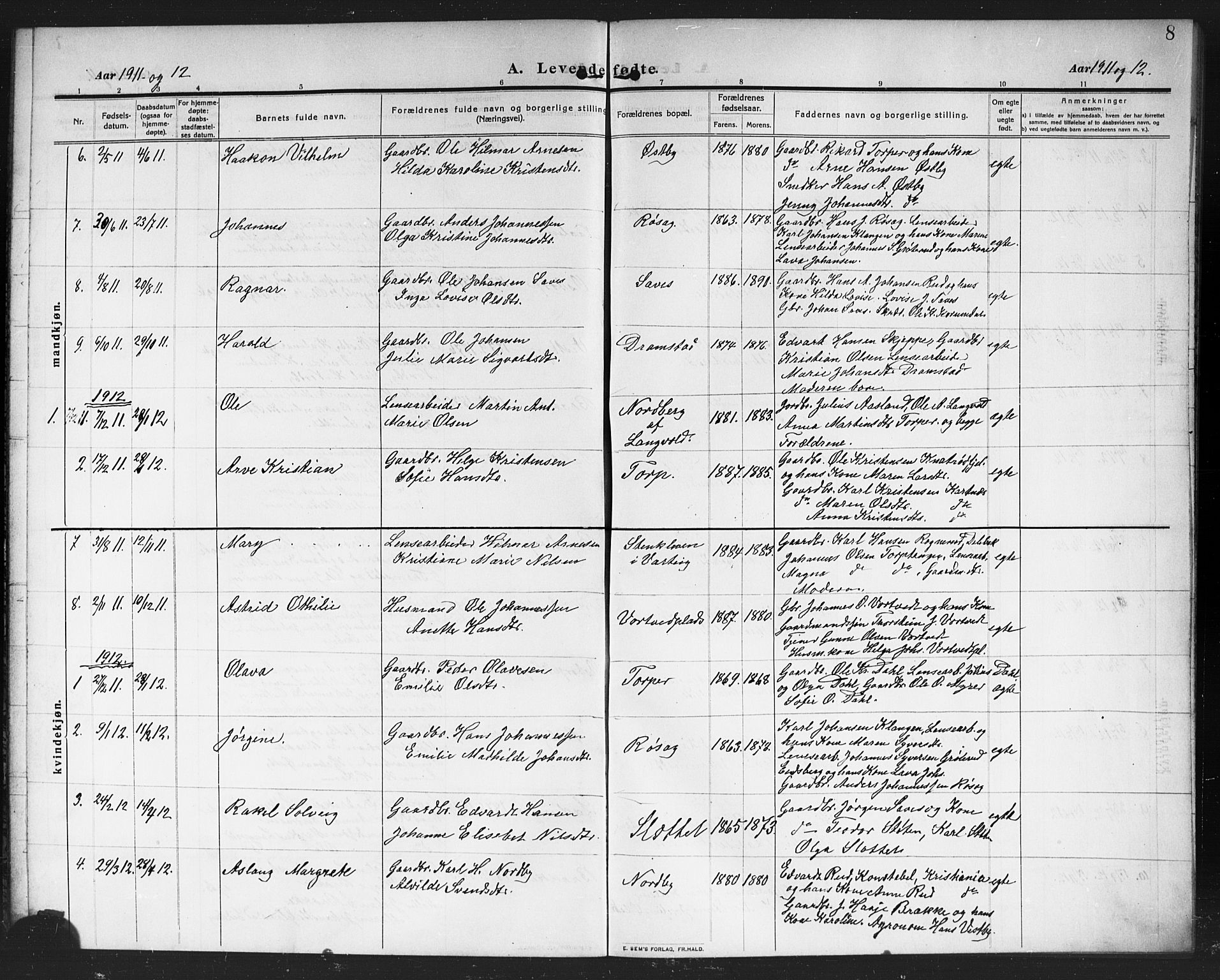 Rakkestad prestekontor Kirkebøker, AV/SAO-A-2008/G/Gc/L0002: Parish register (copy) no. III 2, 1909-1920, p. 8