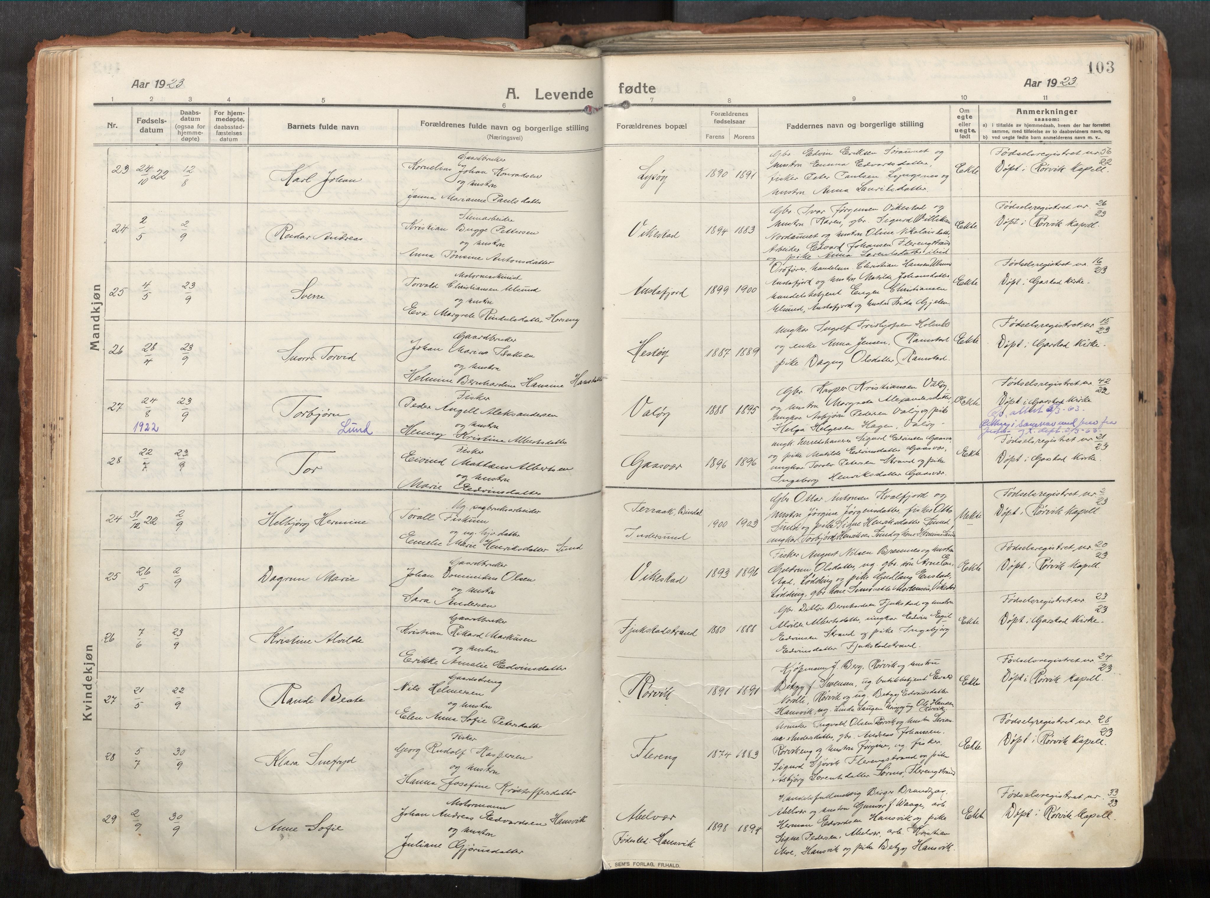 Vikna sokneprestkontor, AV/SAT-A-1173/1/I/I1/I1a/L0001: Parish register (official) no. 1, 1913-1934, p. 103