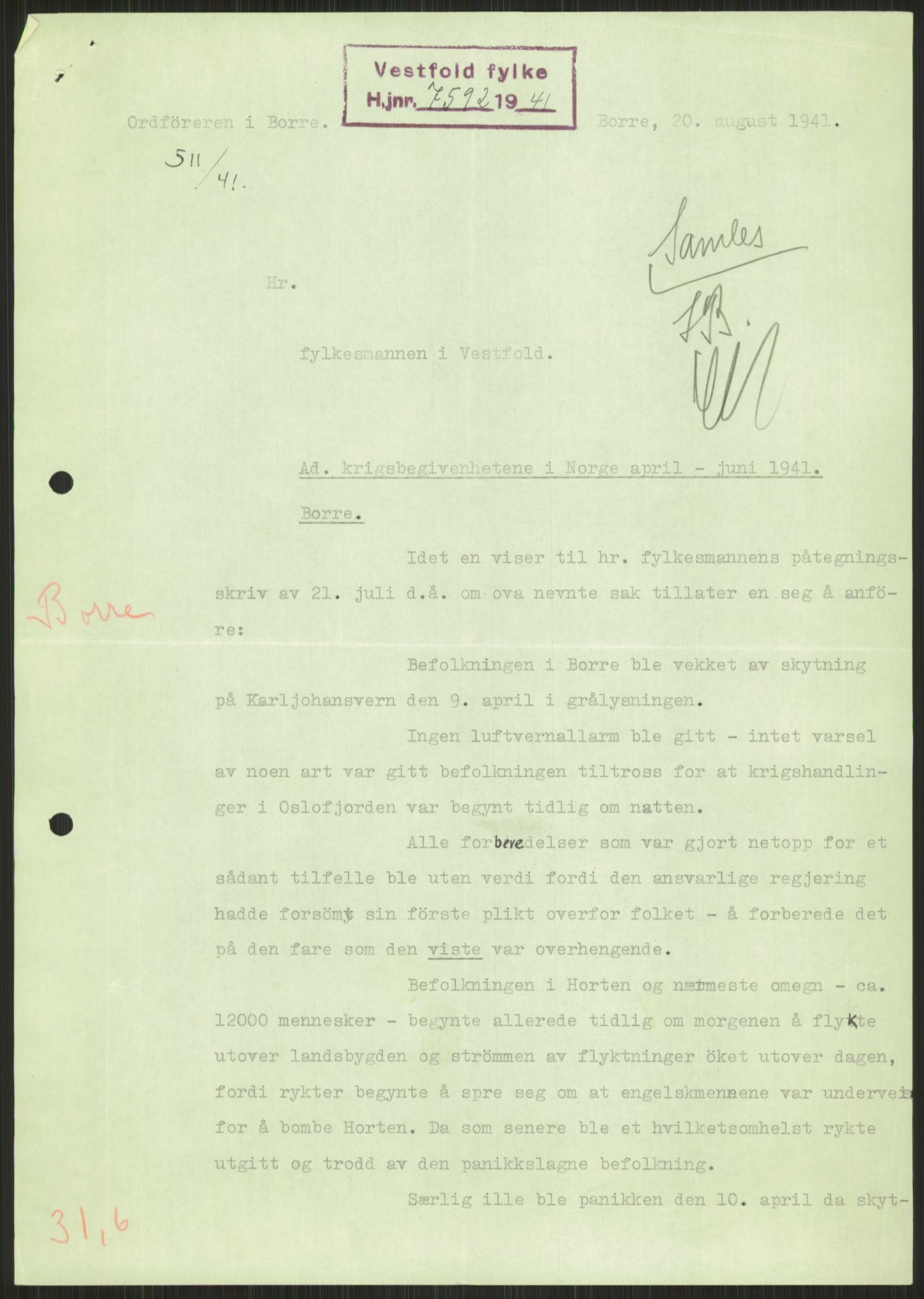 Forsvaret, Forsvarets krigshistoriske avdeling, AV/RA-RAFA-2017/Y/Ya/L0014: II-C-11-31 - Fylkesmenn.  Rapporter om krigsbegivenhetene 1940., 1940, p. 512