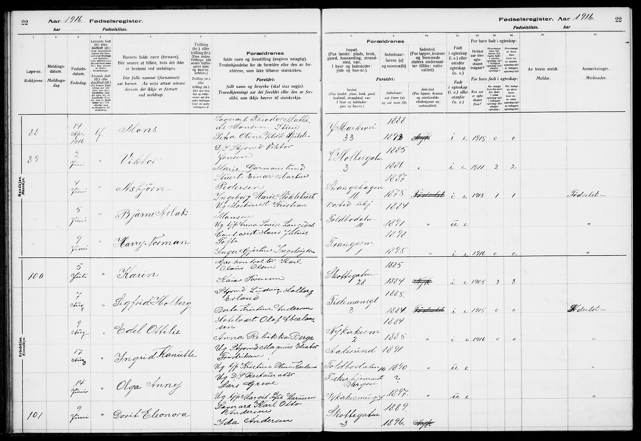 Nykirken Sokneprestembete, AV/SAB-A-77101/I/Id/L00A1: Birth register no. A 1, 1916-1922, p. 22