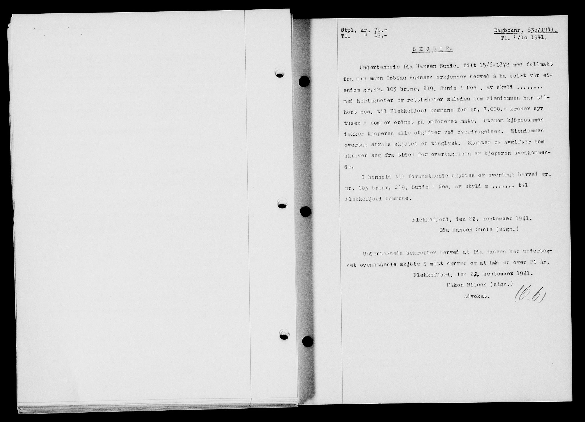 Flekkefjord sorenskriveri, SAK/1221-0001/G/Gb/Gba/L0057: Mortgage book no. A-5, 1941-1942, Diary no: : 630/1941