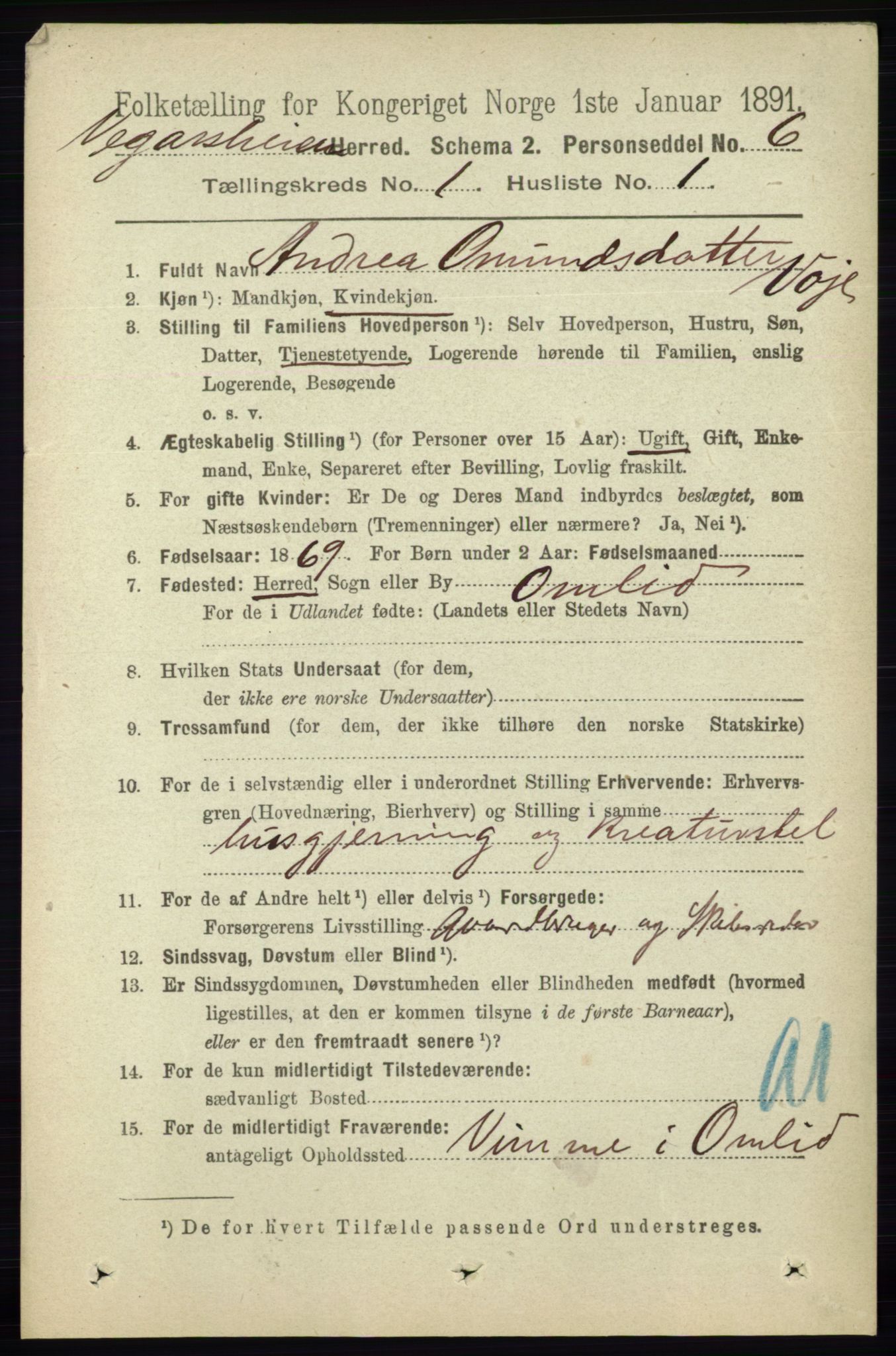 RA, 1891 census for 0912 Vegårshei, 1891, p. 71