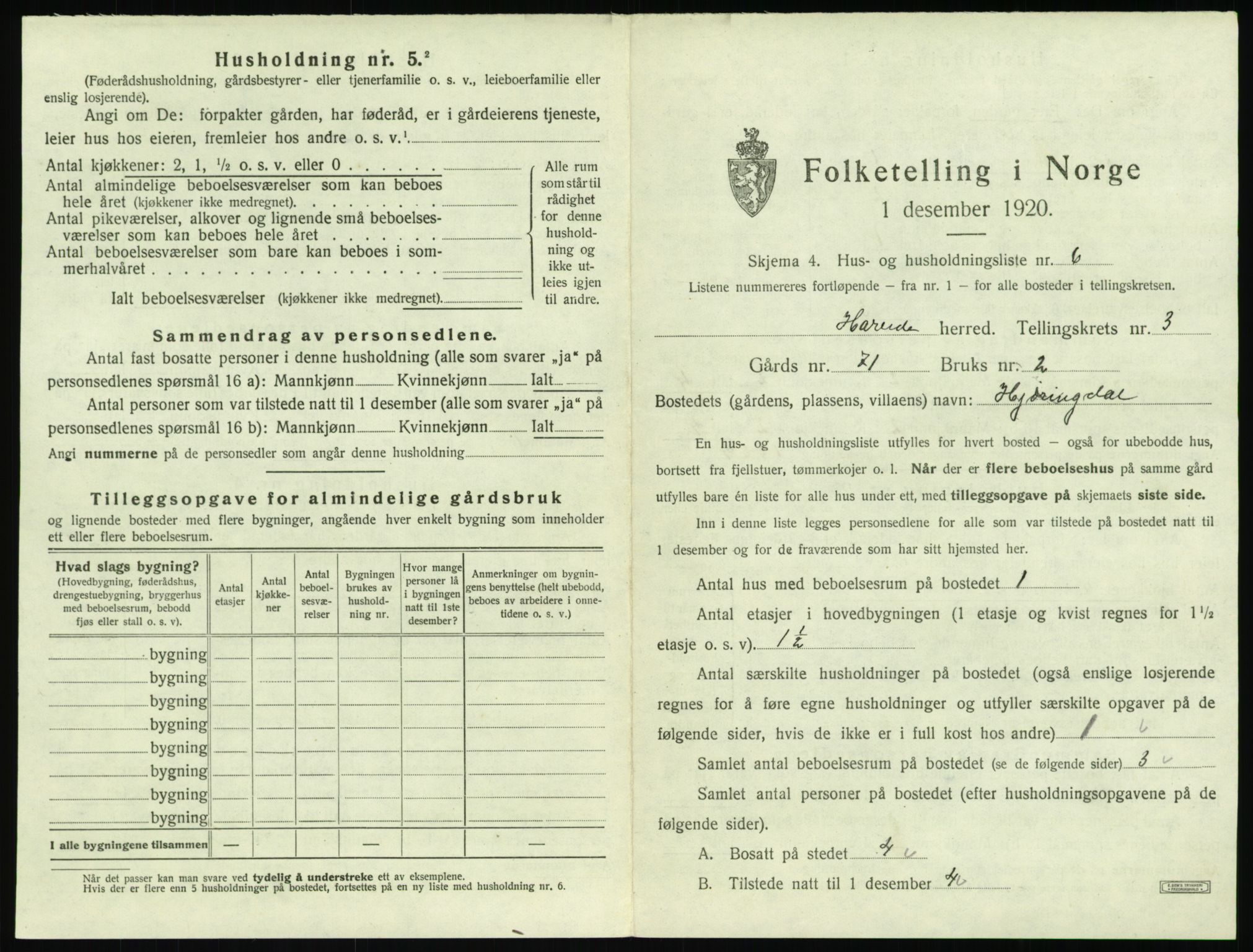 SAT, 1920 census for Hareid, 1920, p. 165