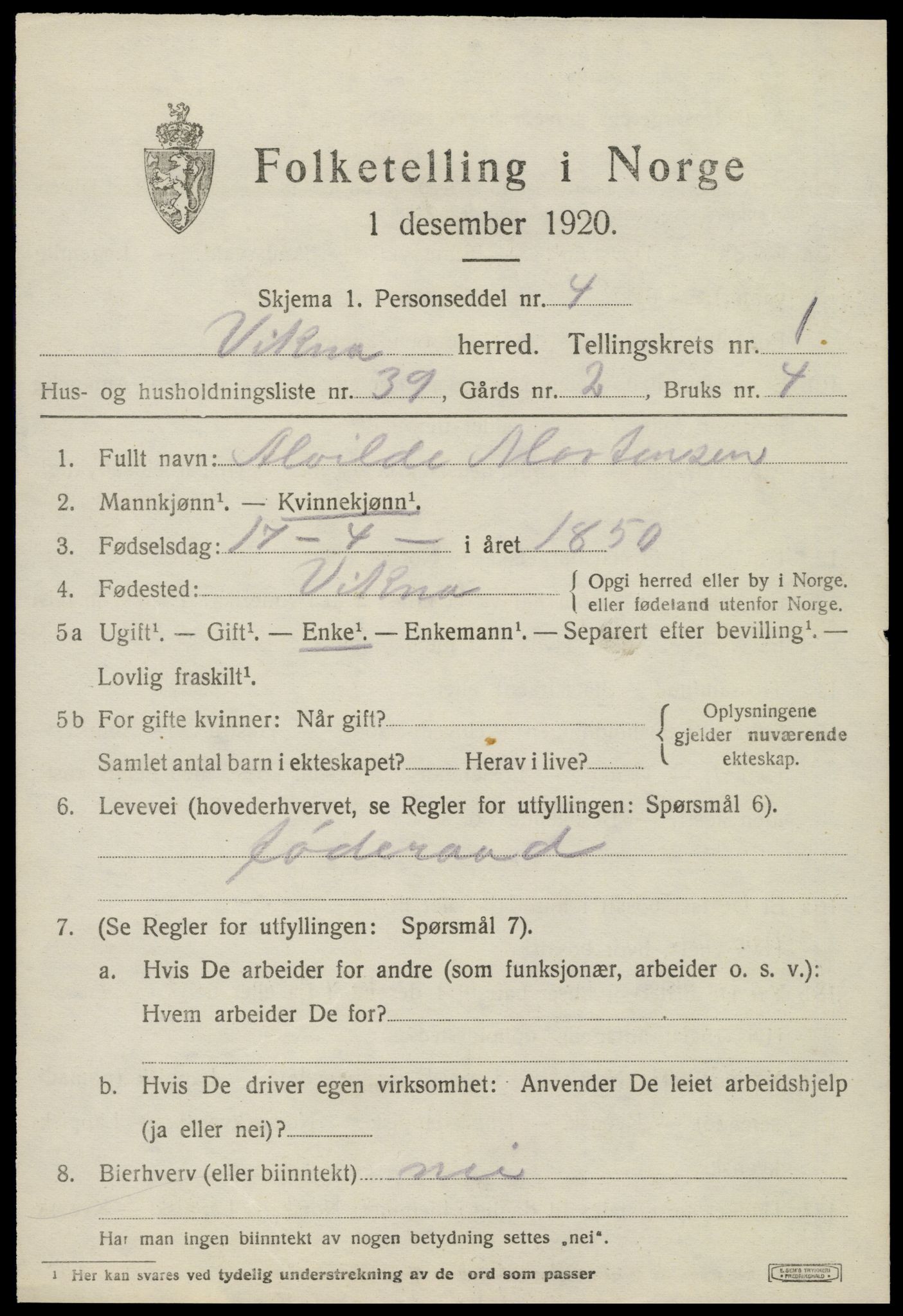 SAT, 1920 census for Vikna, 1920, p. 1551