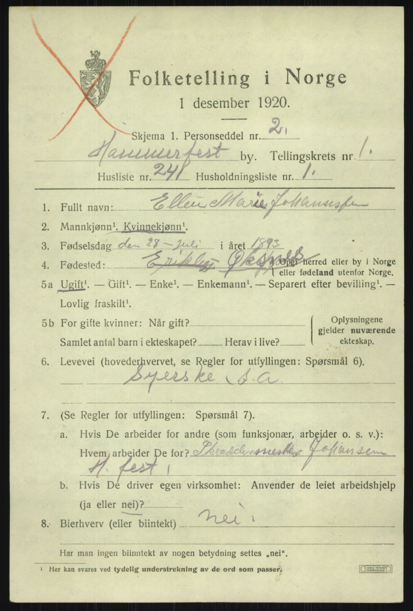 SATØ, 1920 census for Hammerfest, 1920, p. 5800