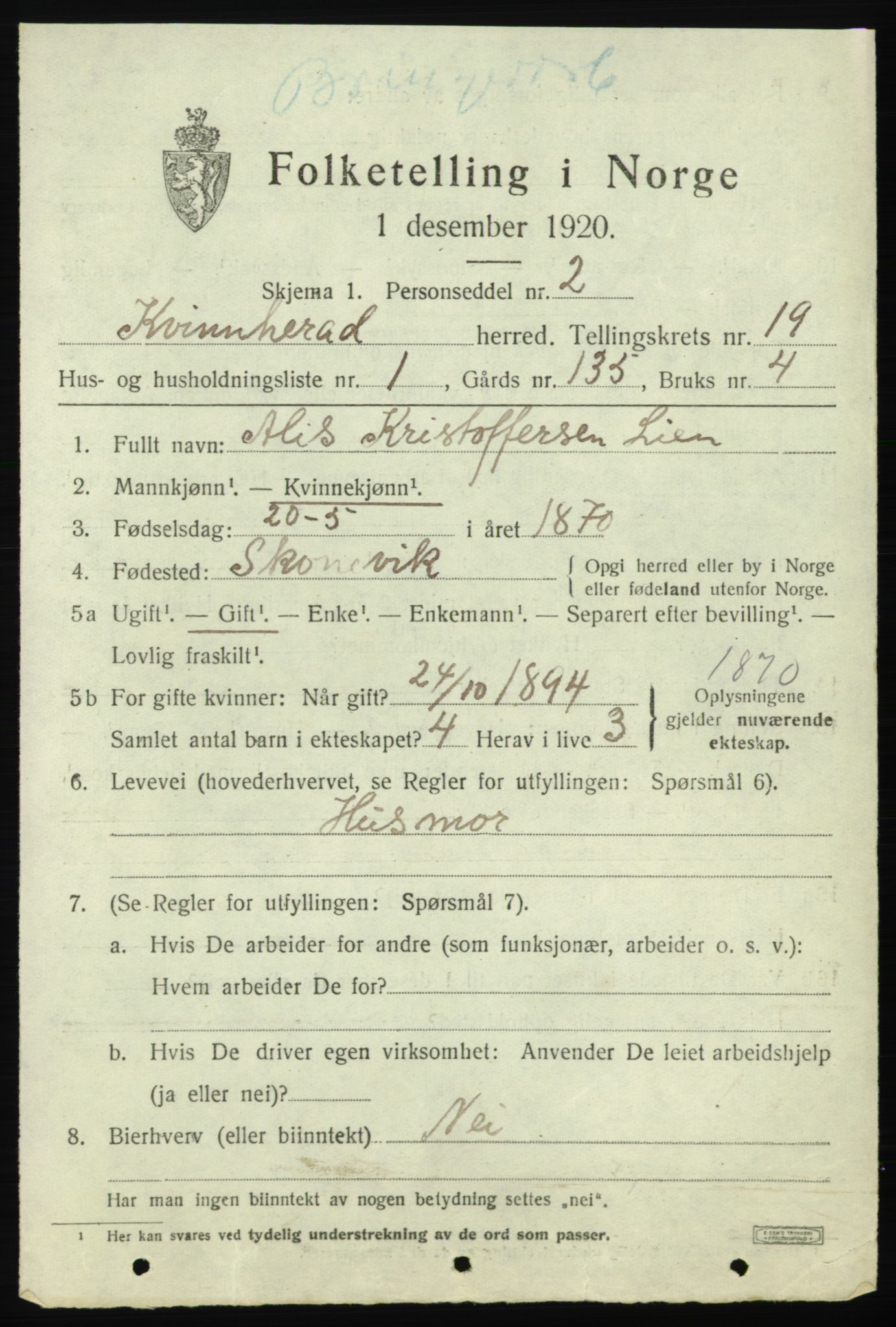 SAB, 1920 census for Kvinnherad, 1920, p. 11888