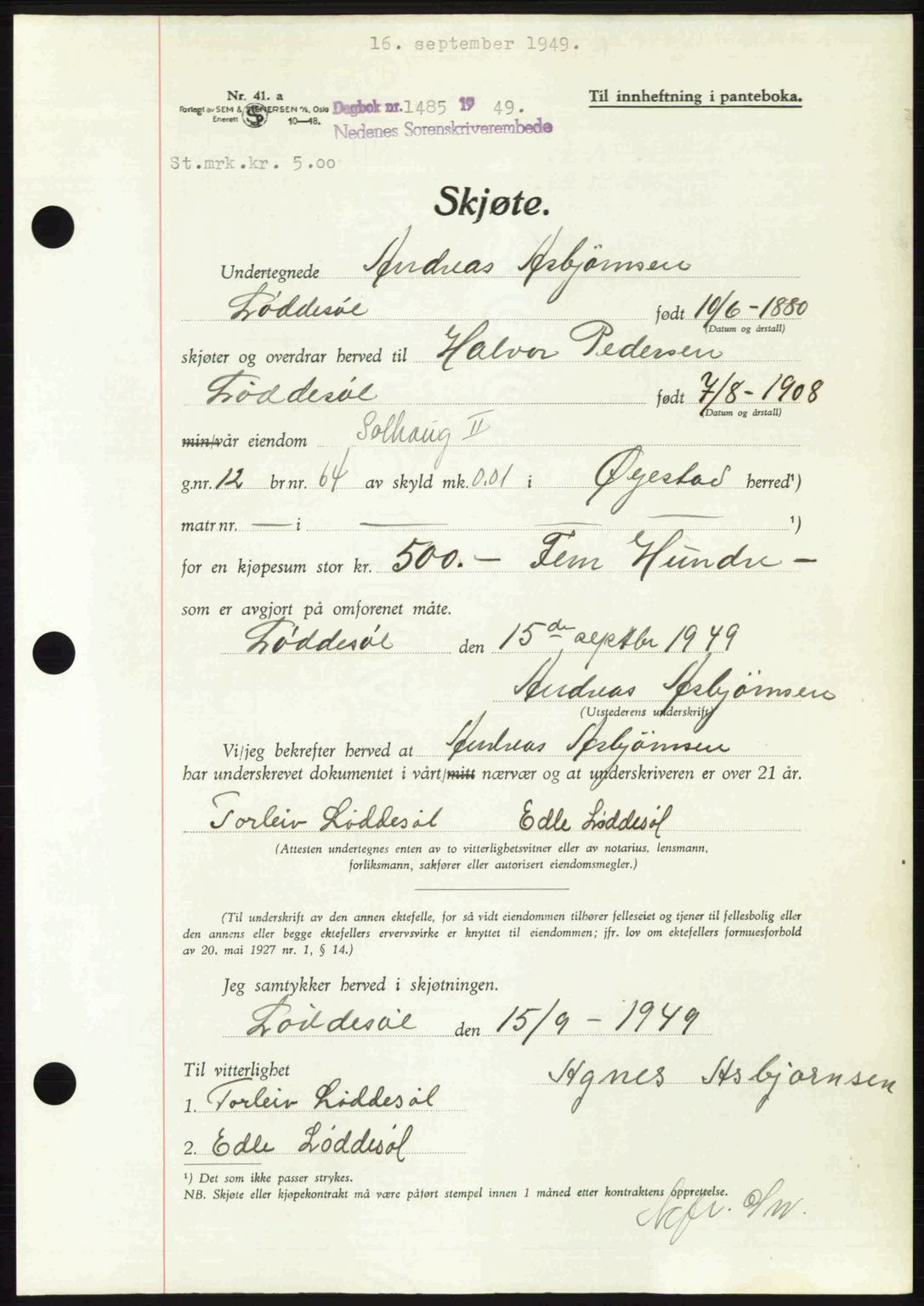 Nedenes sorenskriveri, AV/SAK-1221-0006/G/Gb/Gba/L0061: Mortgage book no. A13, 1949-1949, Diary no: : 1485/1949