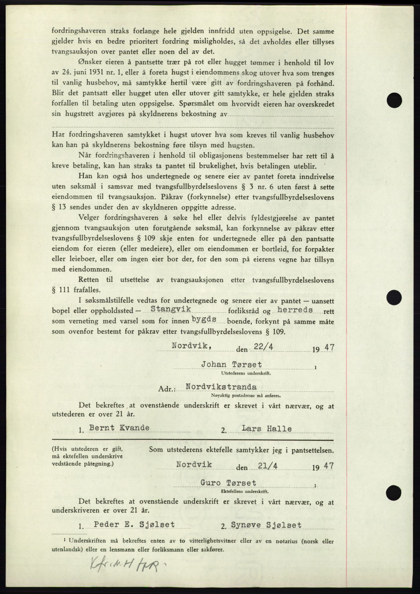 Nordmøre sorenskriveri, AV/SAT-A-4132/1/2/2Ca: Mortgage book no. B96, 1947-1947, Diary no: : 936/1947