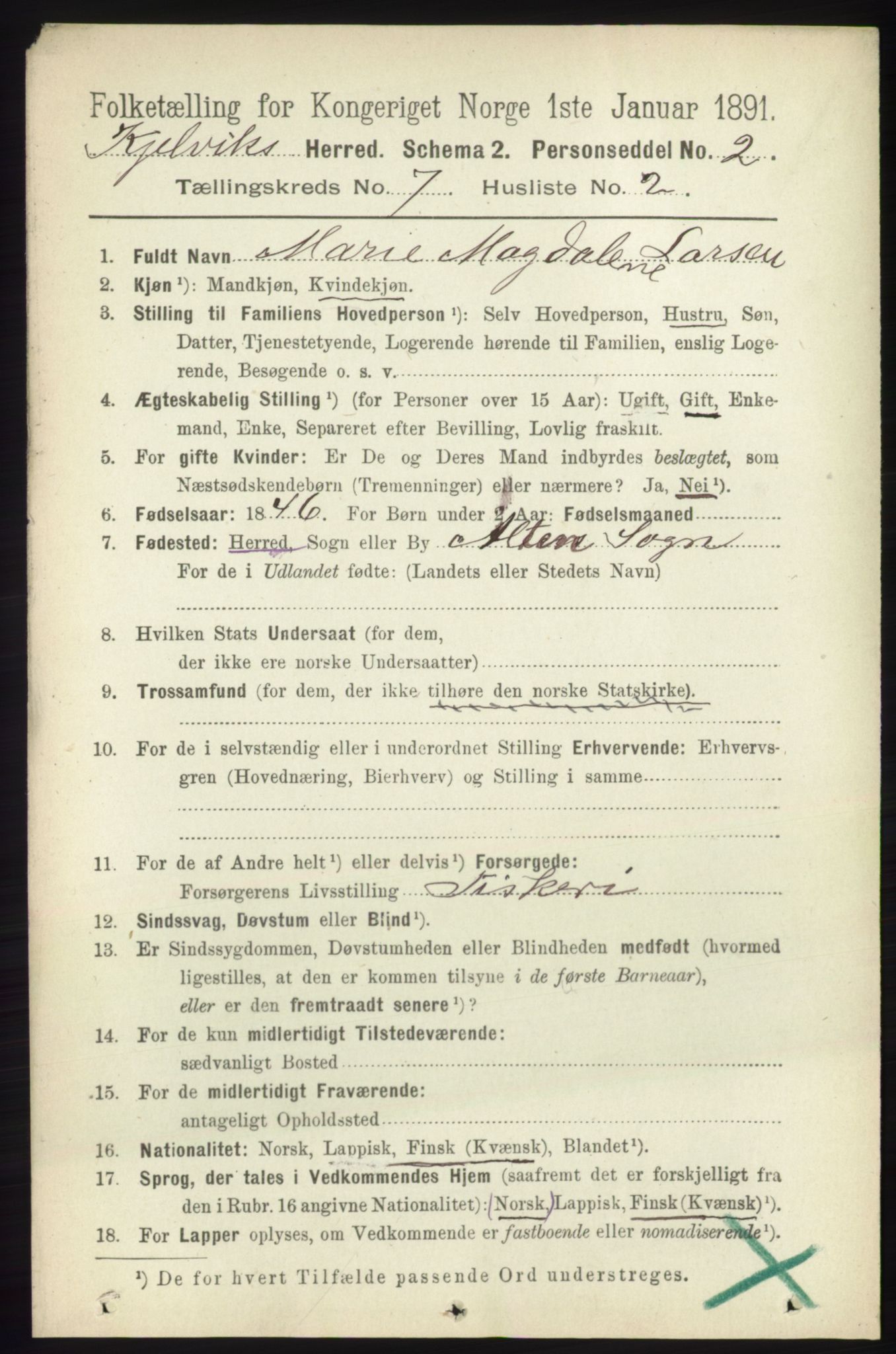 RA, 1891 census for 2019 Kjelvik, 1891, p. 891