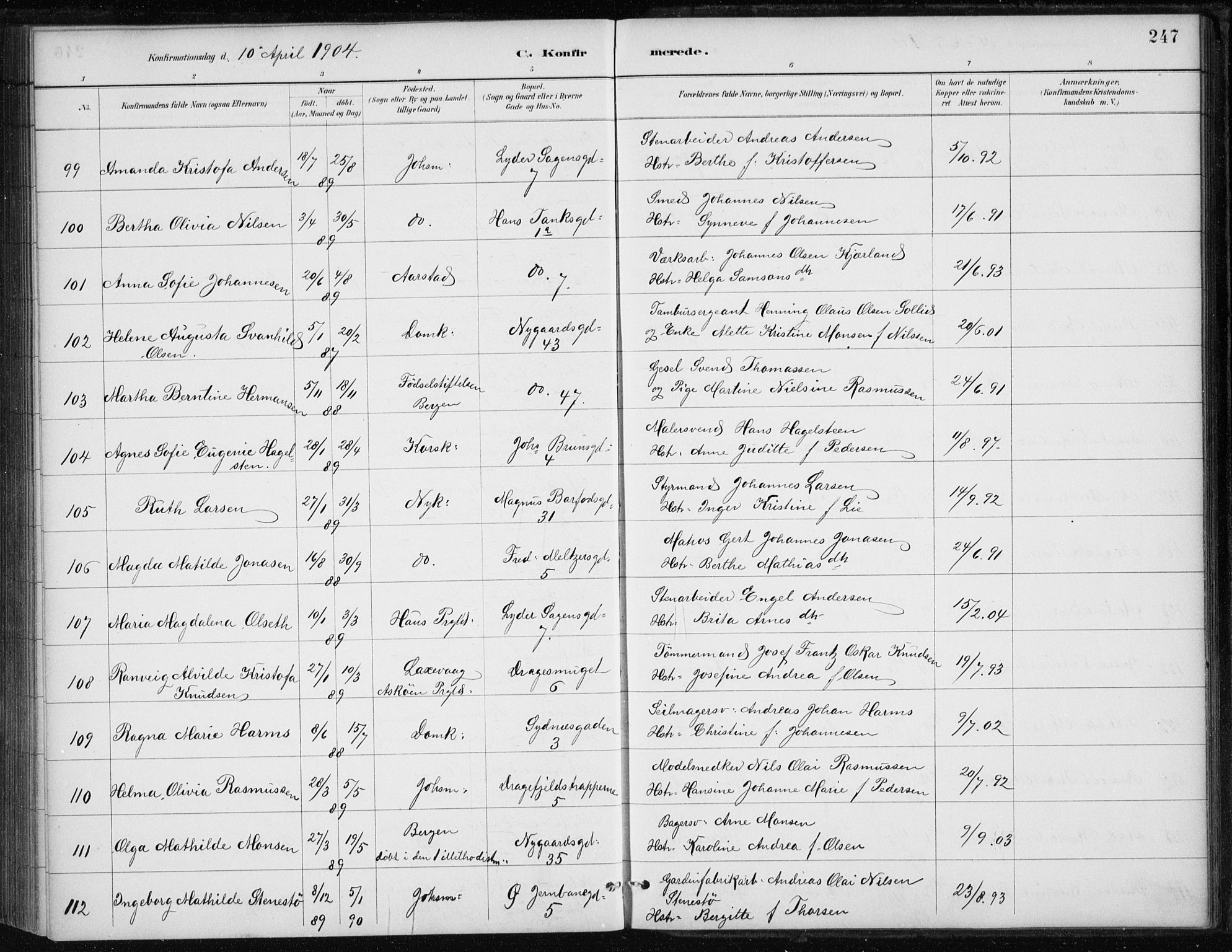 Johanneskirken sokneprestembete, AV/SAB-A-76001/H/Haa/L0008: Parish register (official) no. C 1, 1885-1907, p. 247