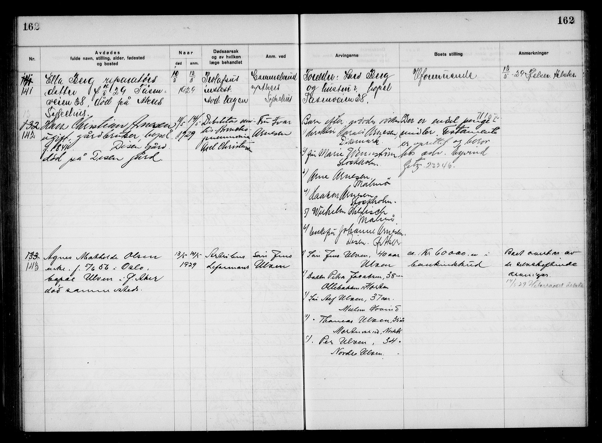 Aker kriminaldommer, skifte- og auksjonsforvalterembete, AV/SAO-A-10452/H/Hb/Hba/Hbac/L0002: Dødsfallsprotokoll for Østre Aker, 1927-1931, p. 162