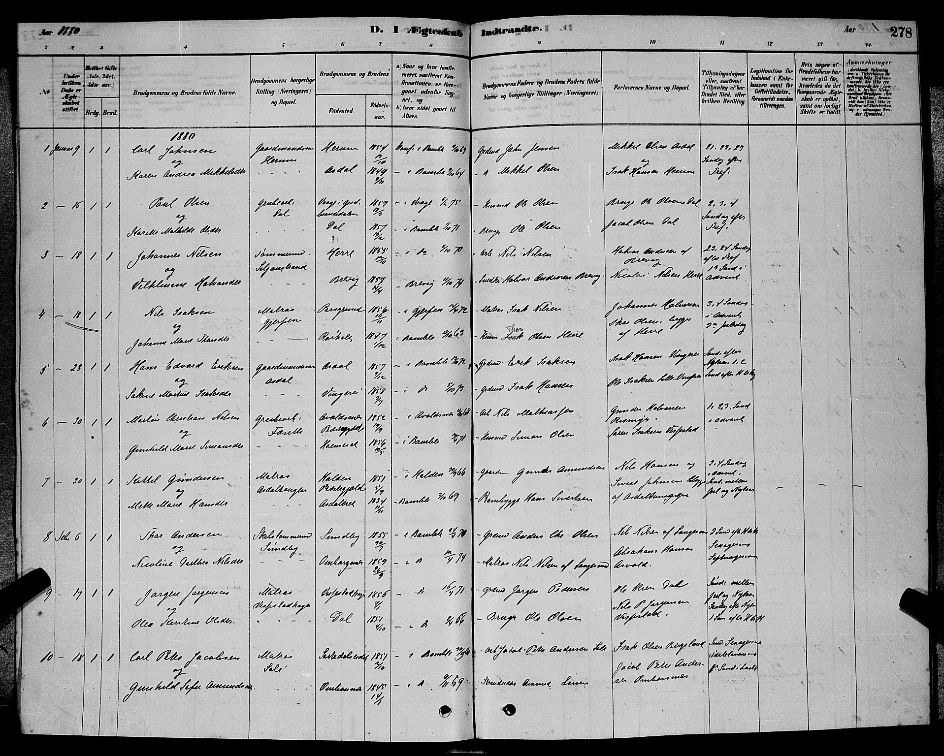 Bamble kirkebøker, AV/SAKO-A-253/G/Ga/L0008: Parish register (copy) no. I 8, 1878-1888, p. 278