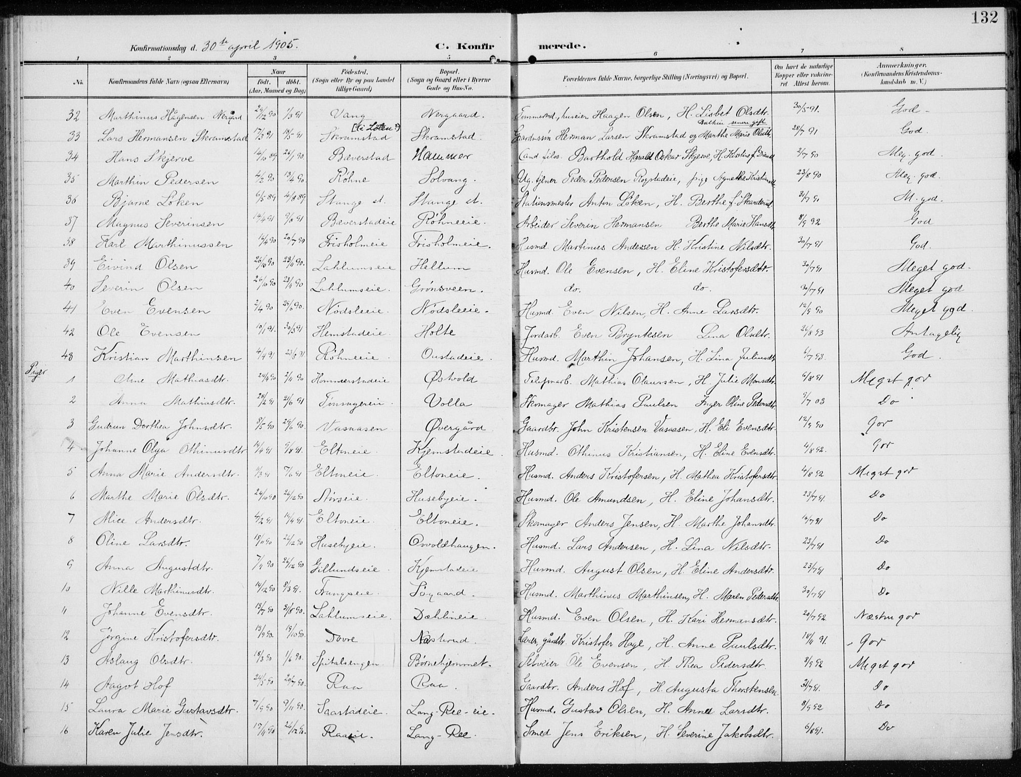 Stange prestekontor, AV/SAH-PREST-002/K/L0024: Parish register (official) no. 24, 1906-1922, p. 132