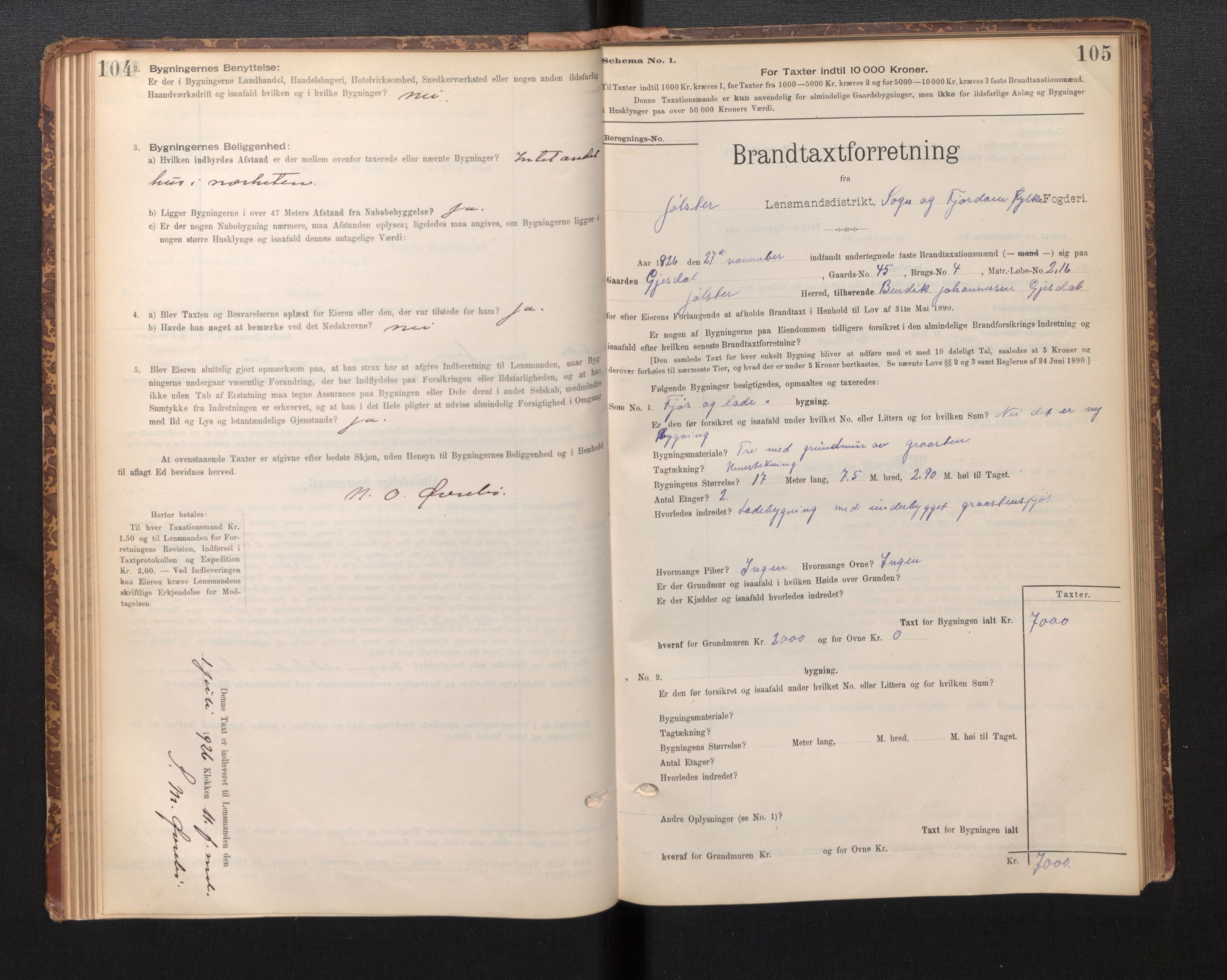 Lensmannen i Jølster, AV/SAB-A-28701/0012/L0004: Branntakstprotokoll, skjematakst, 1895-1923, p. 104-105