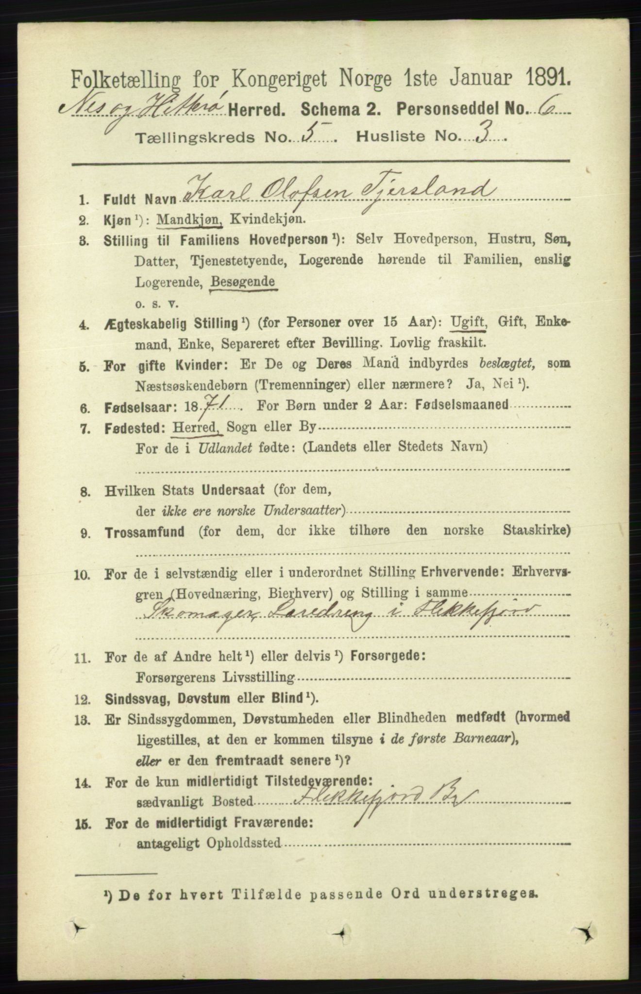 RA, 1891 census for 1043 Hidra og Nes, 1891, p. 1864