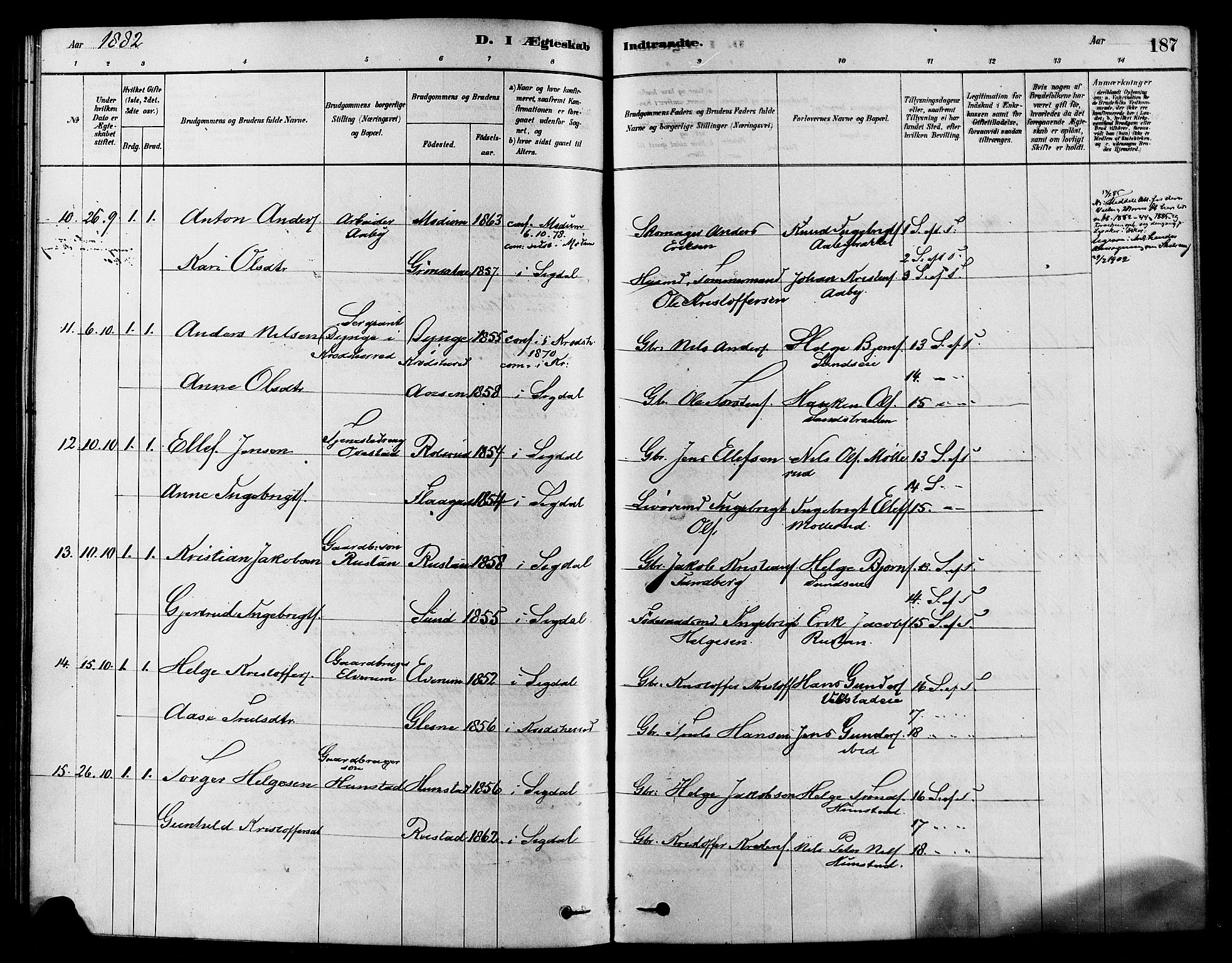 Sigdal kirkebøker, AV/SAKO-A-245/F/Fa/L0011: Parish register (official) no. I 11, 1879-1887, p. 187