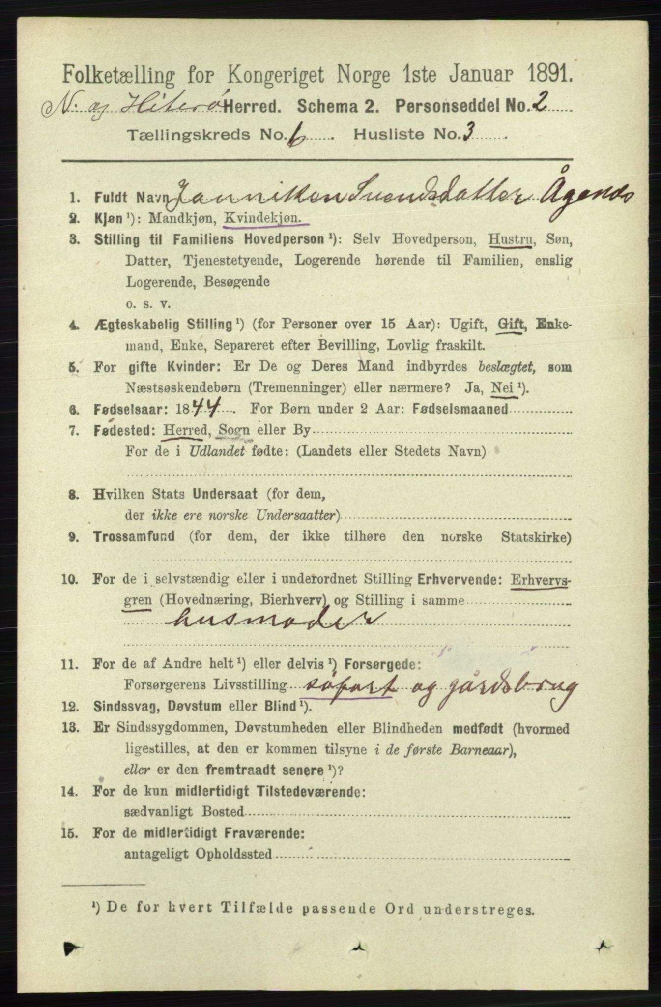 RA, 1891 census for 1043 Hidra og Nes, 1891, p. 2254